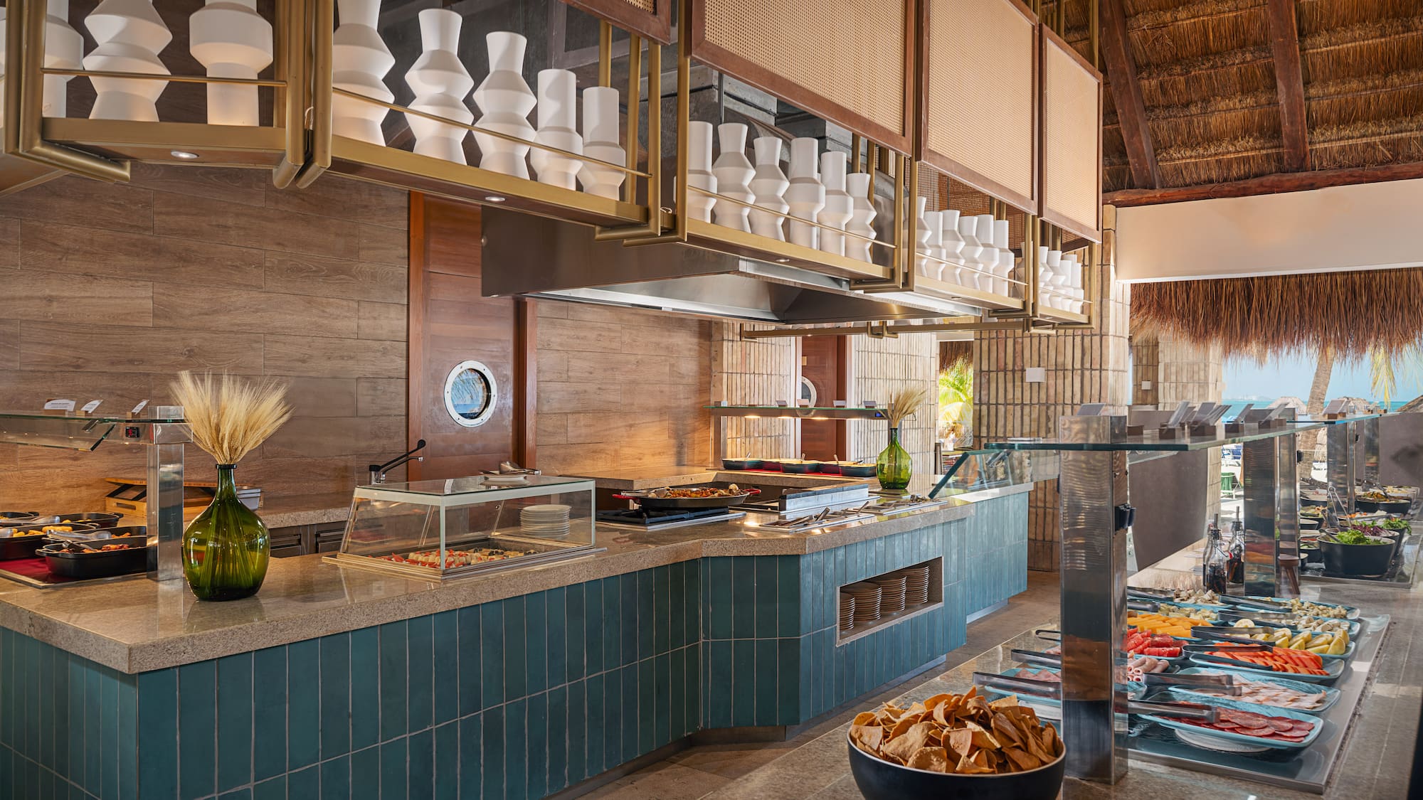 a restaurant with a buffet and food