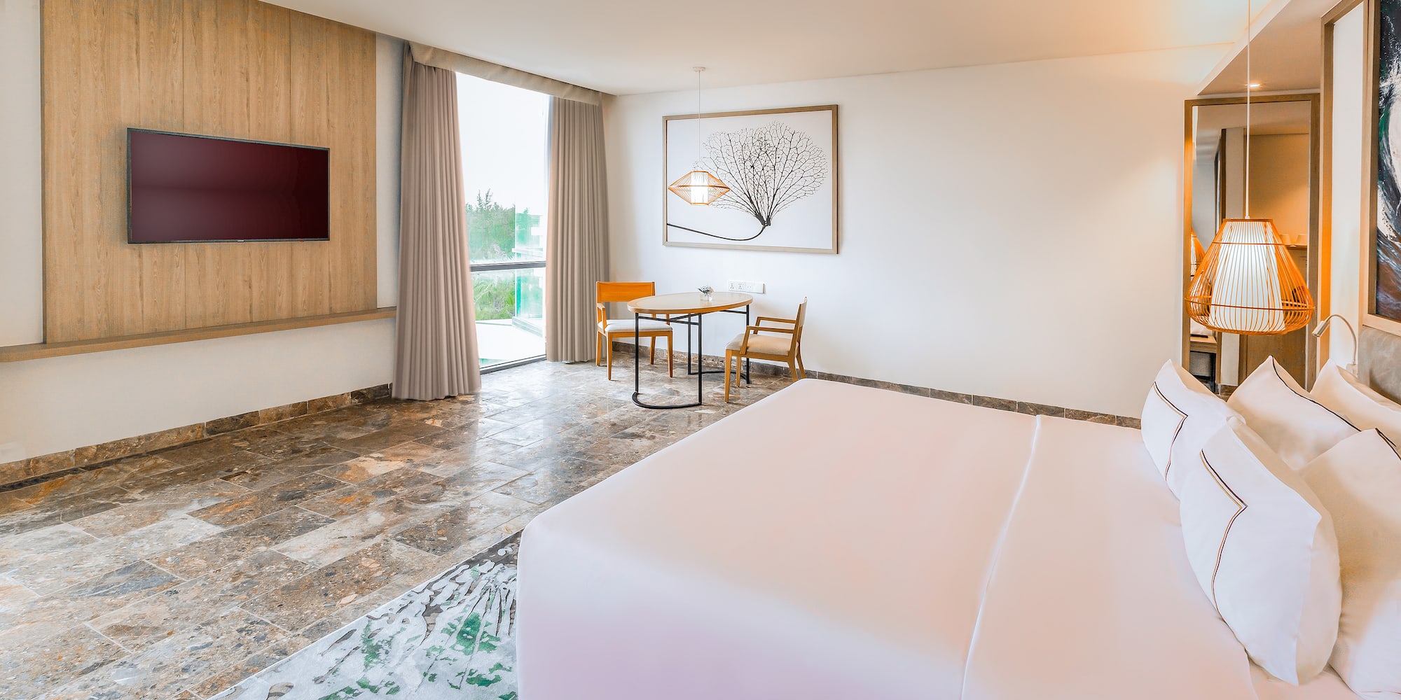 a room with a bed and a table