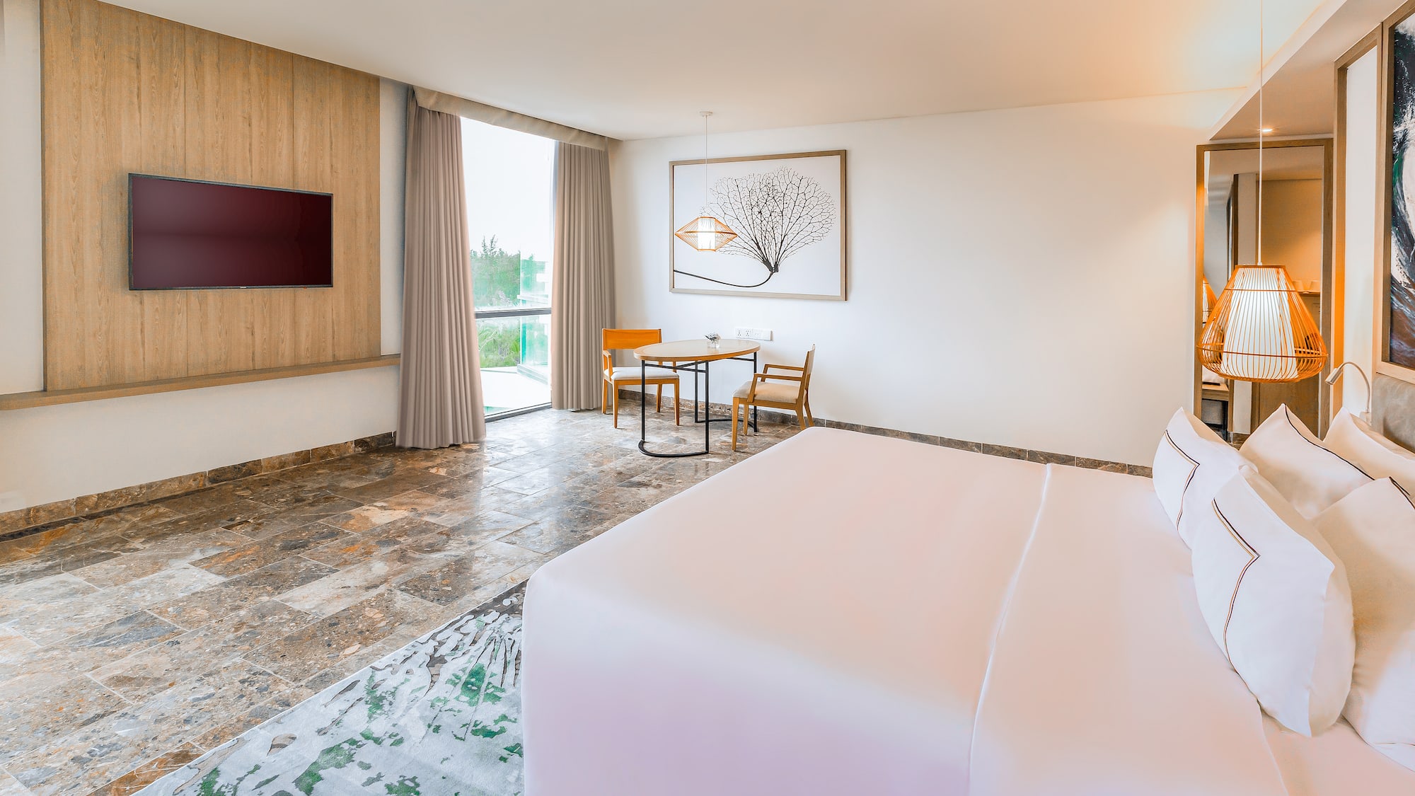 a room with a bed and a table