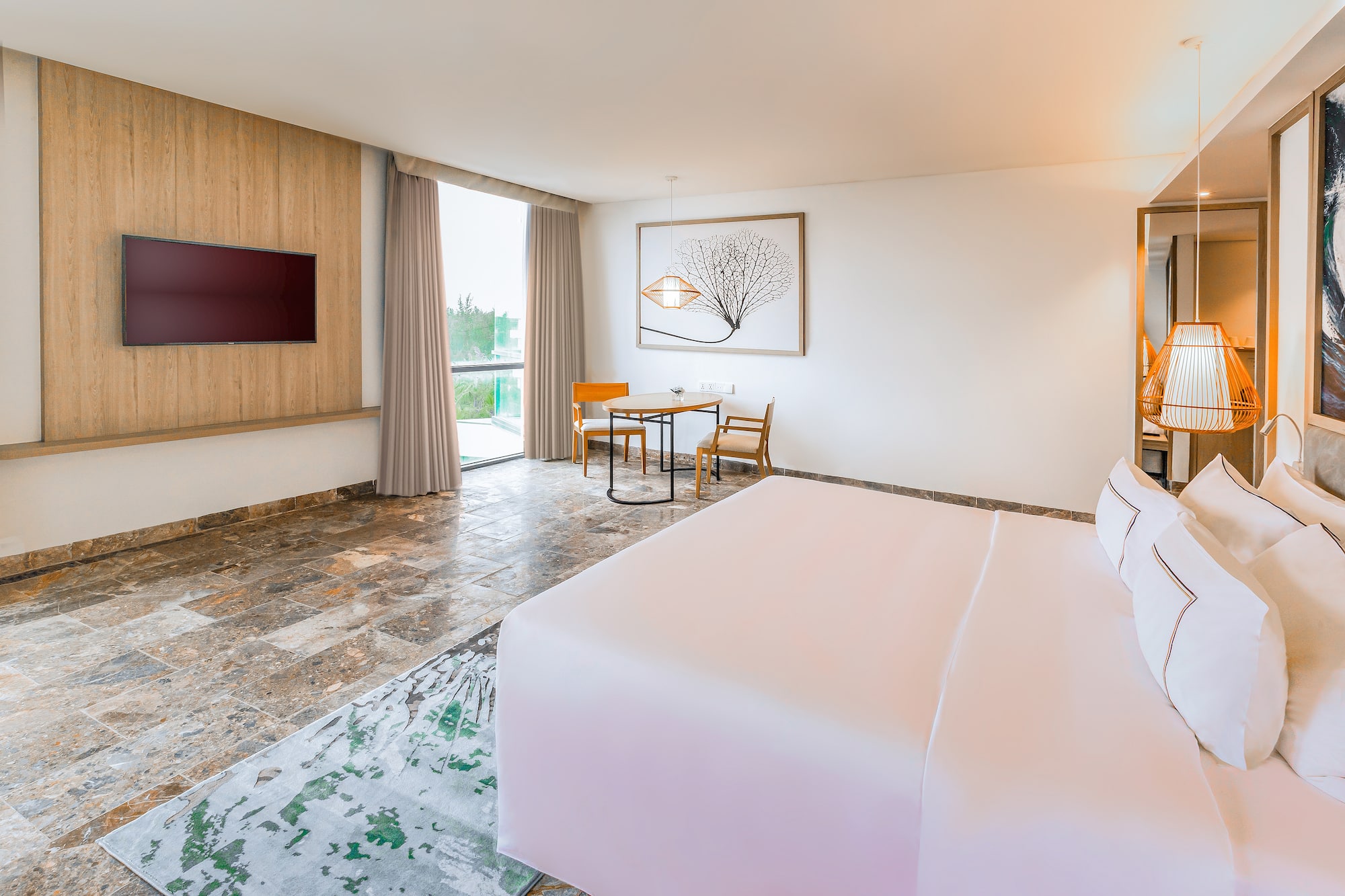 a room with a bed and a table