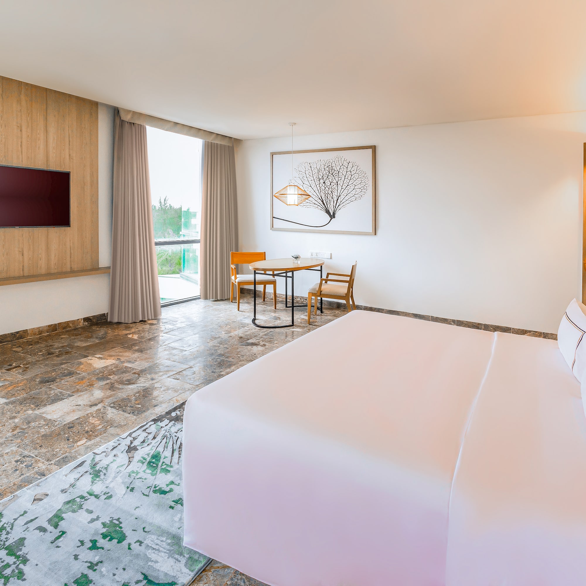 a room with a bed and a table