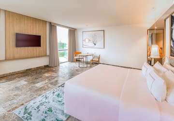 a room with a bed and a table