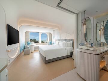 a room with a bed and a mirror