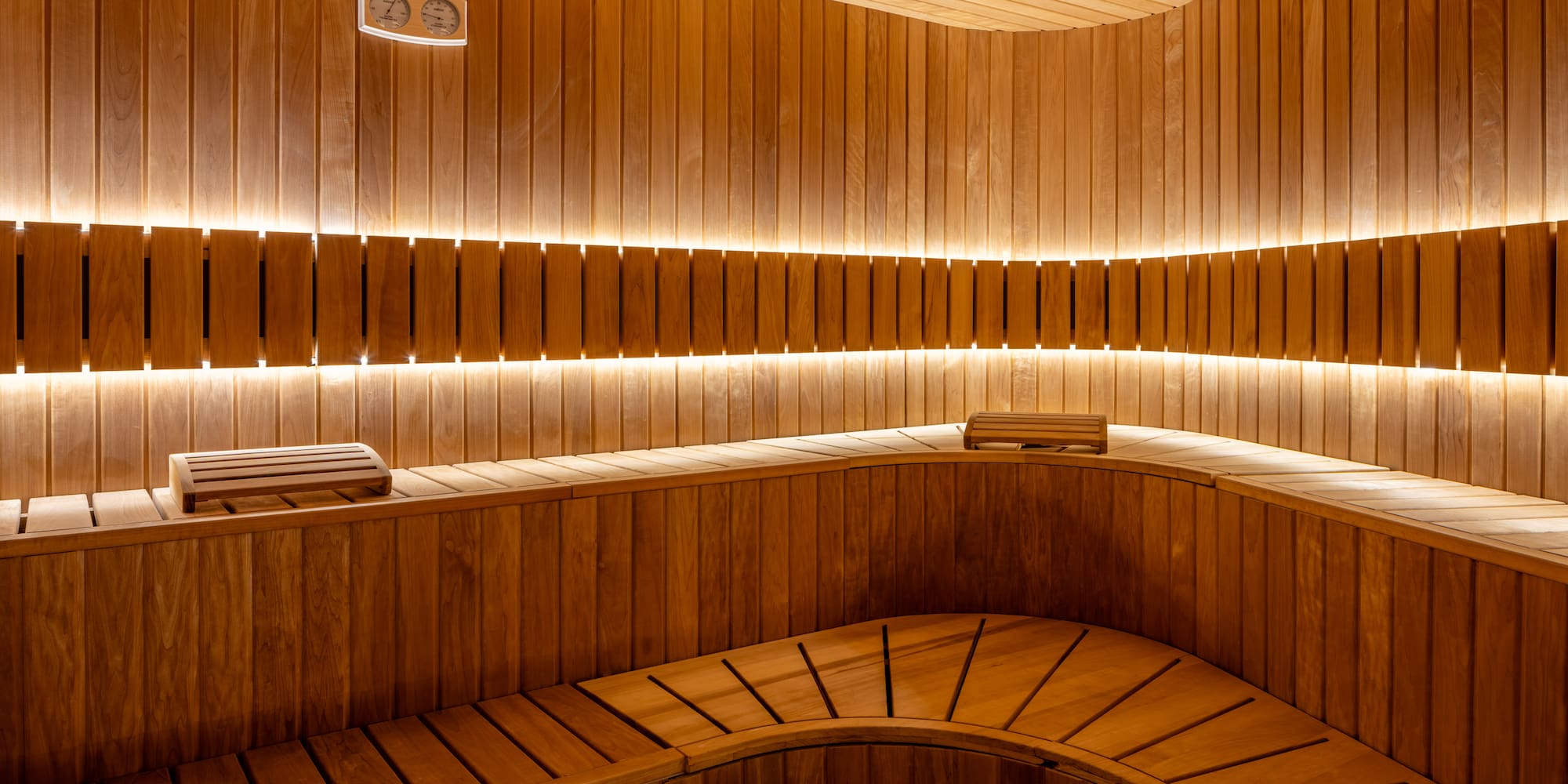 a wooden sauna with lights