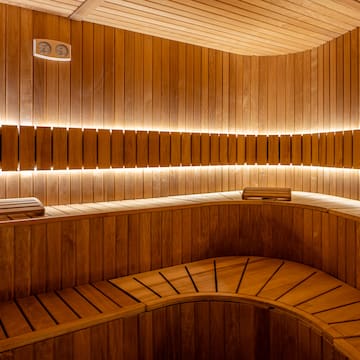 a wooden sauna with lights