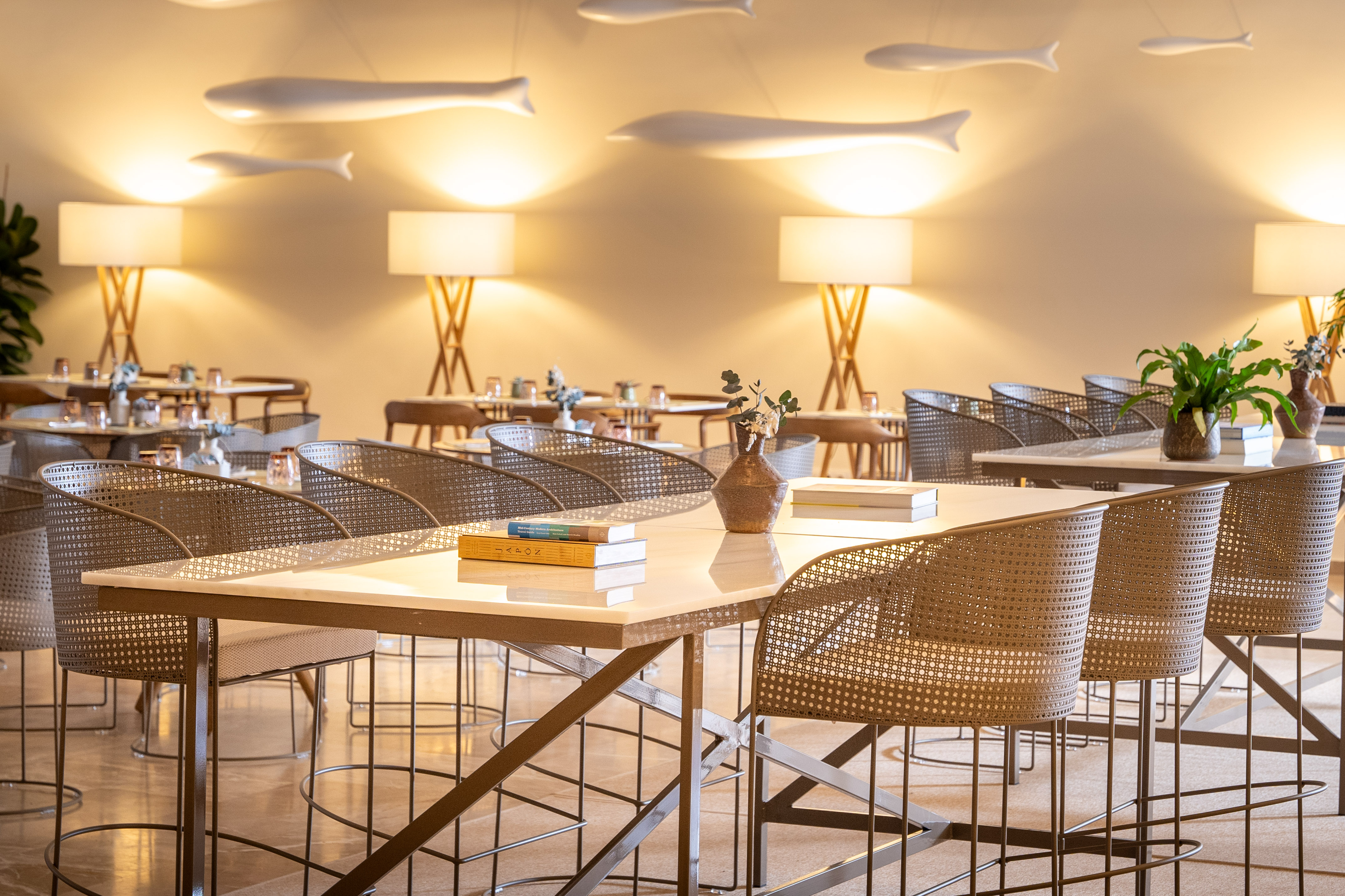 a room with tables and chairs