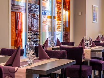 a table set up for a restaurant