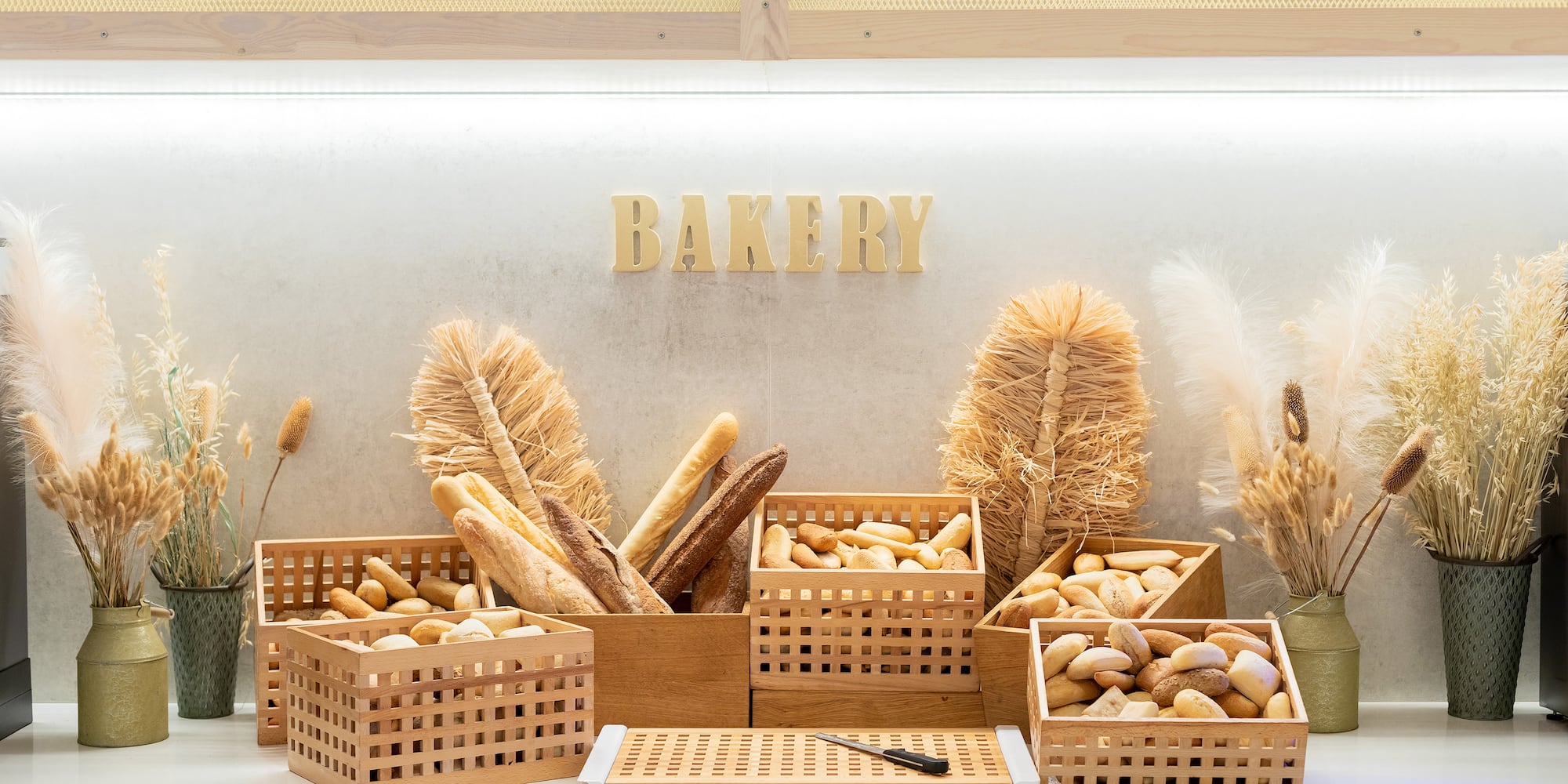 a display of bread in baskets