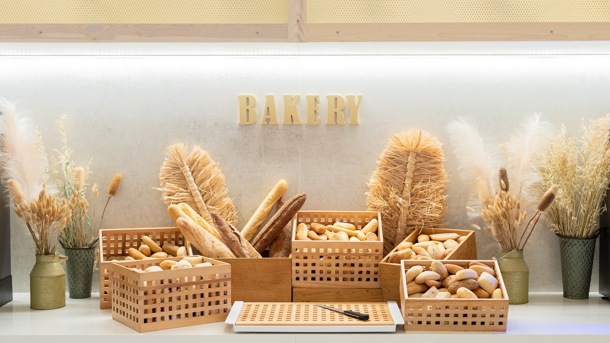 a display of bread in baskets