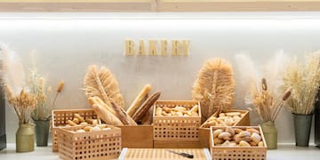 a display of bread in baskets