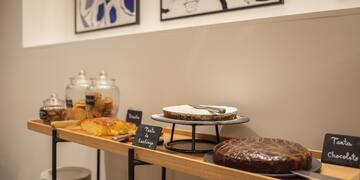 a shelf with food on it