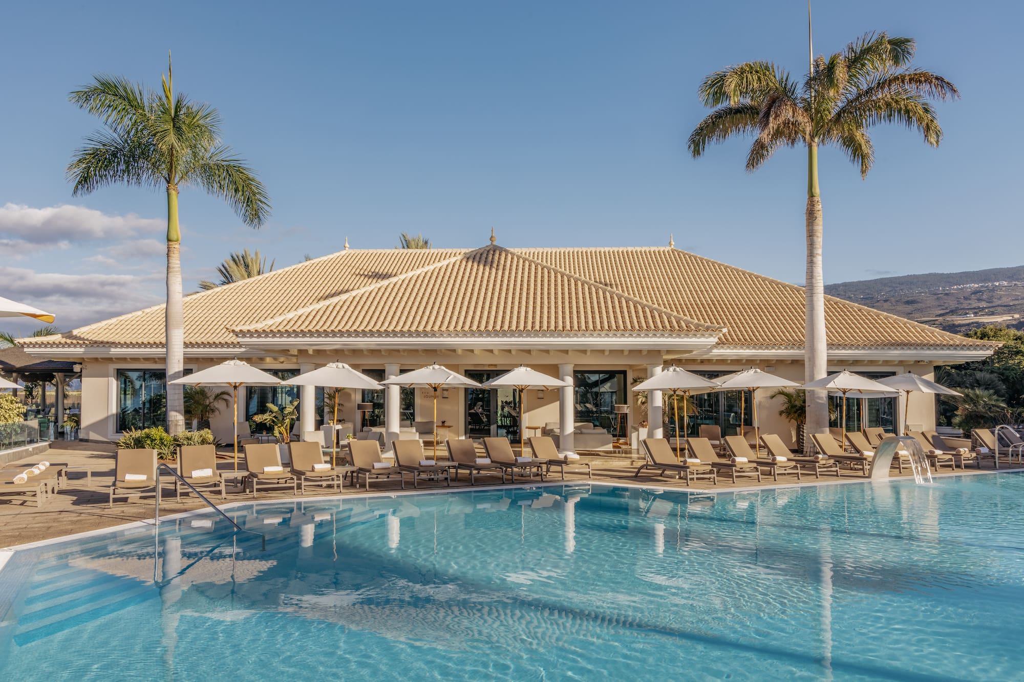 a pool with lounge chairs and palm trees