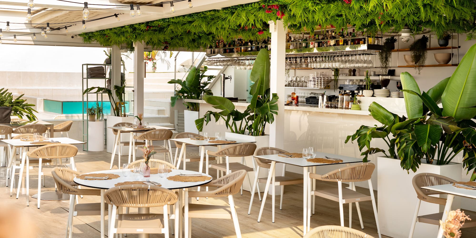 Rooftop restaurant with modern tables, lush plants, bar, and string lights.