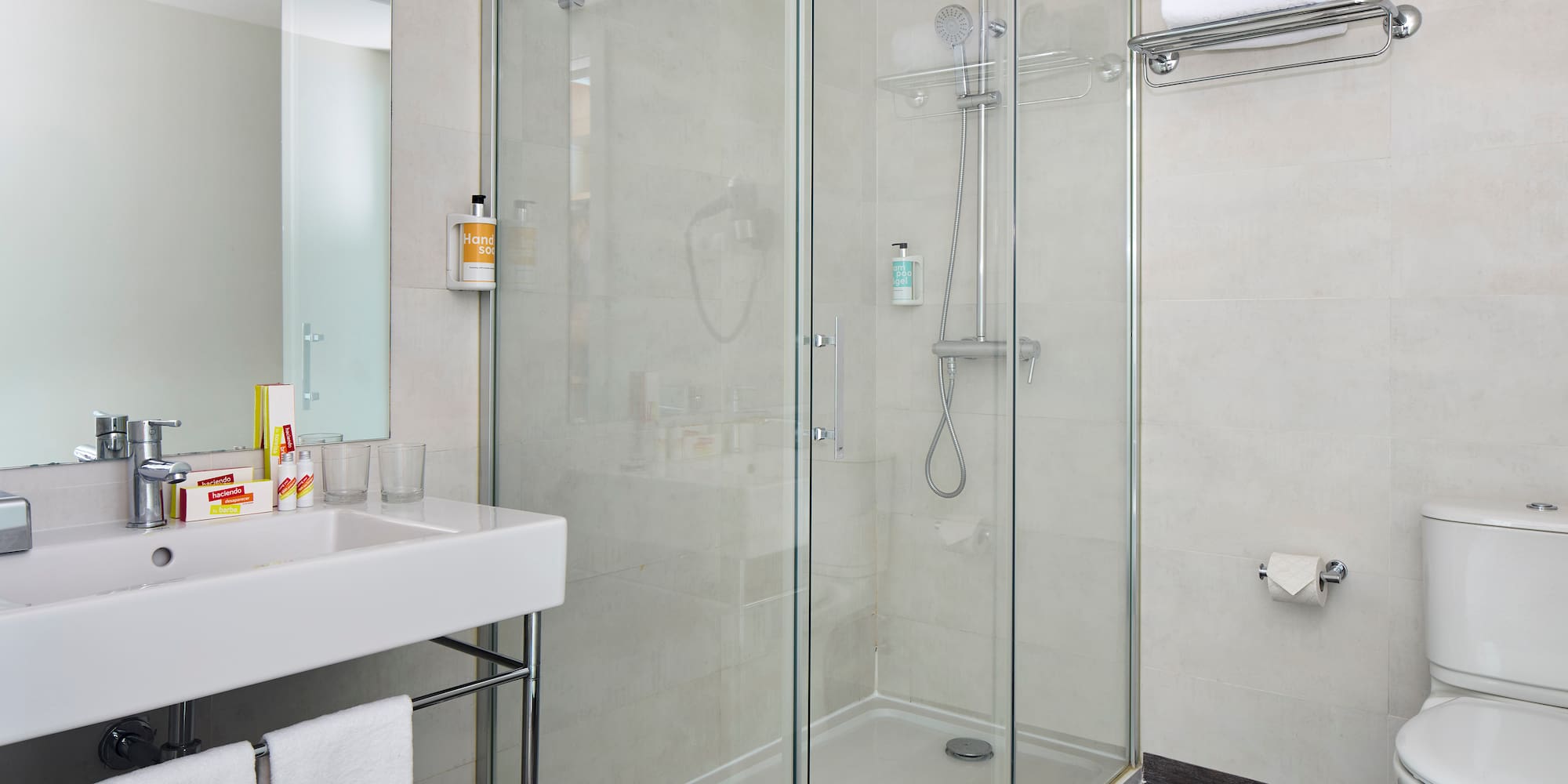a bathroom with a glass shower