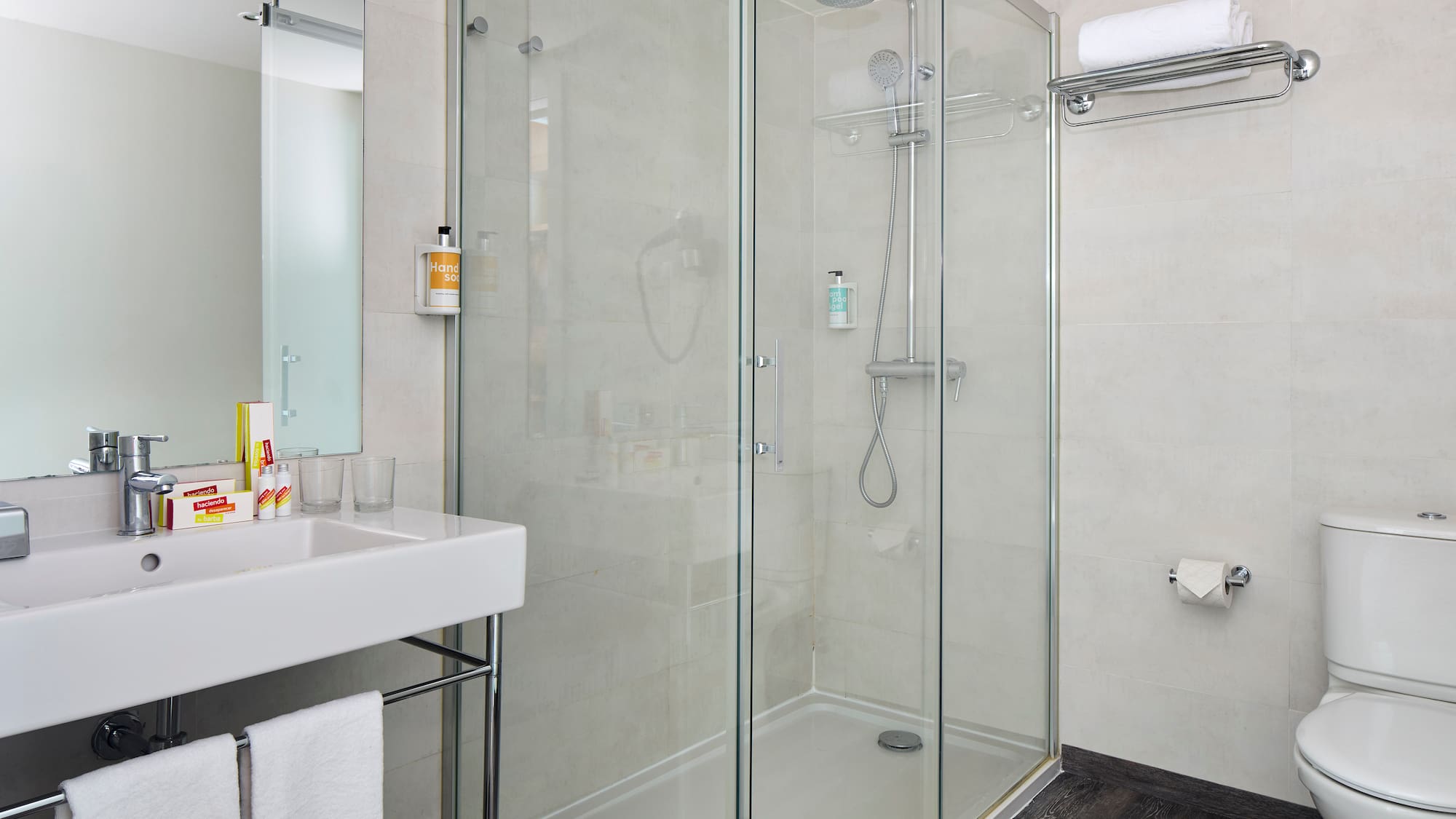 a bathroom with a glass shower