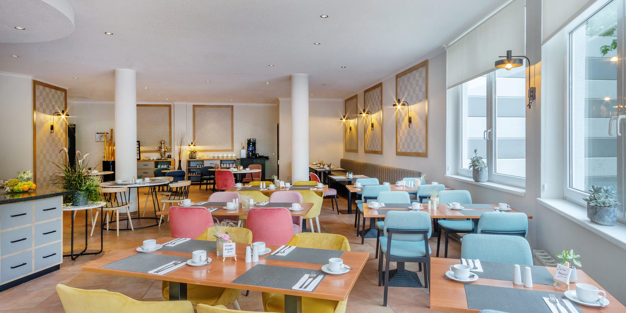 a room with tables and chairs