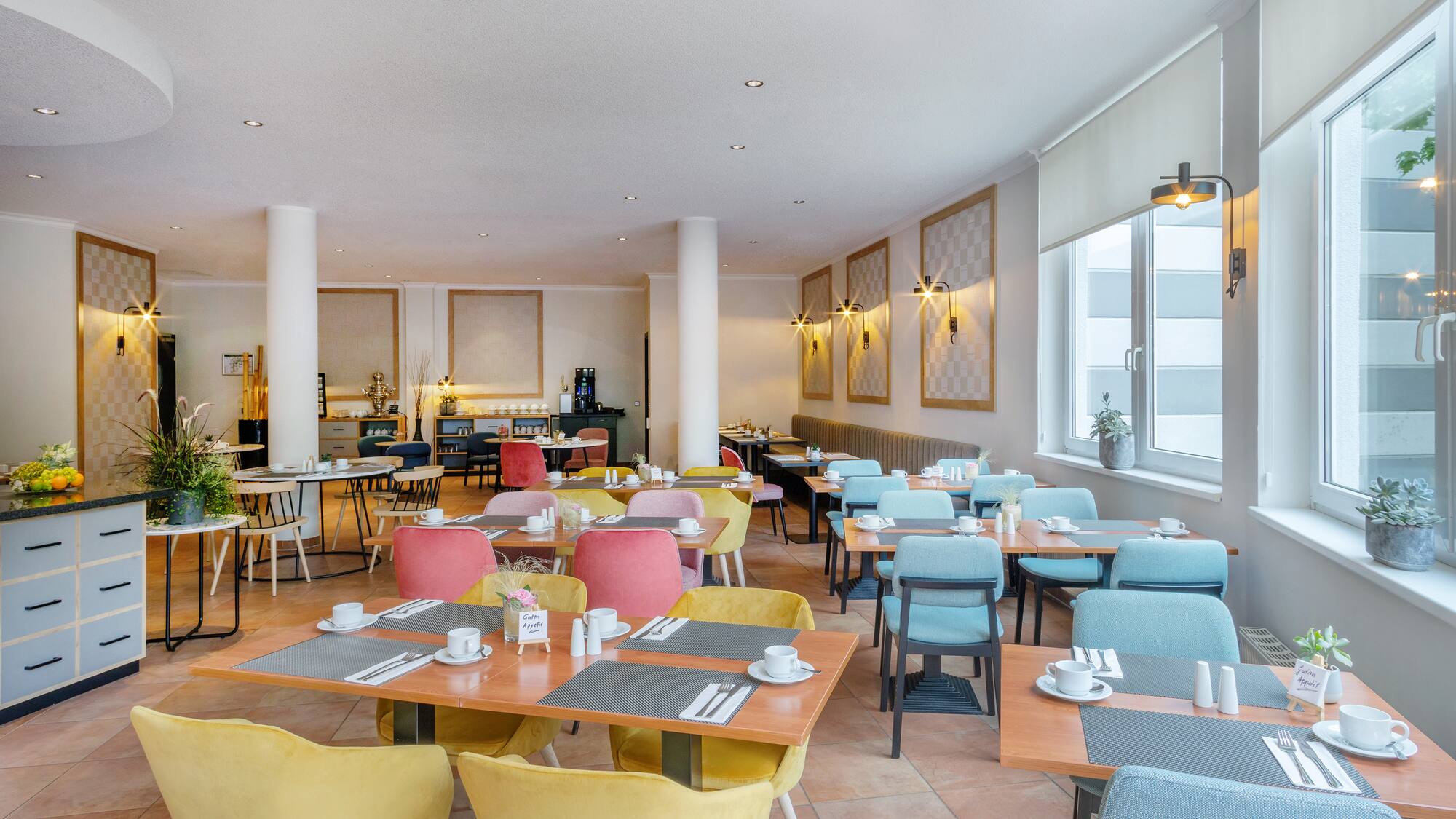 a room with tables and chairs