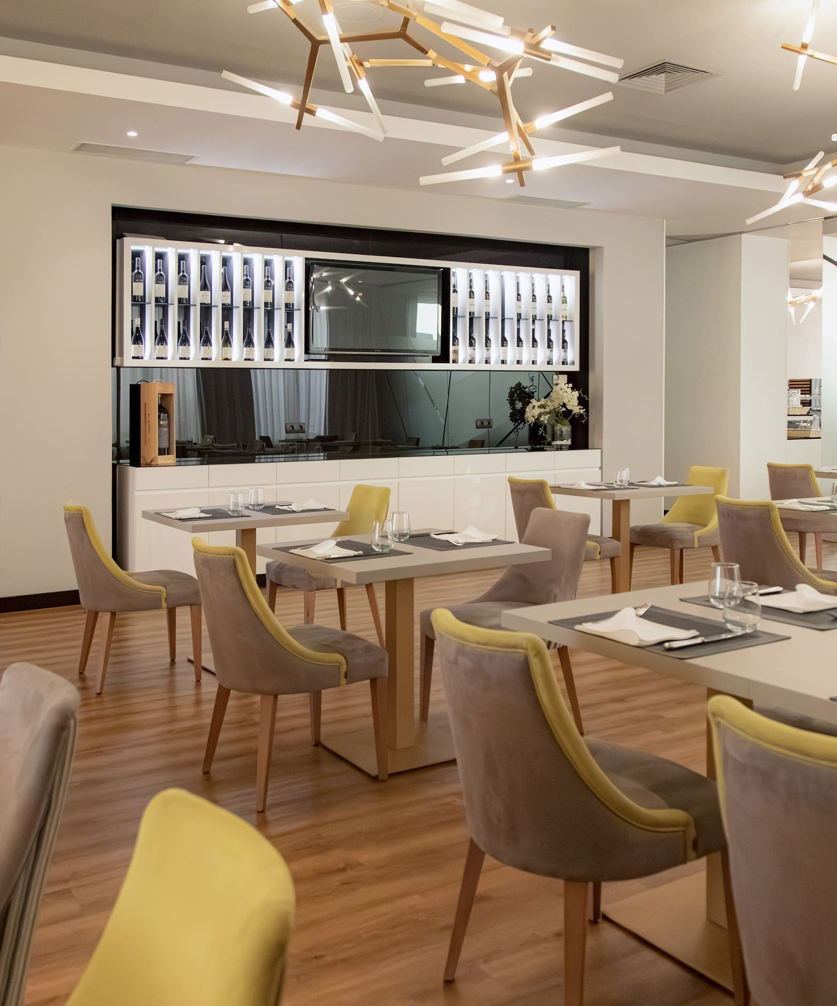 a room with tables and chairs