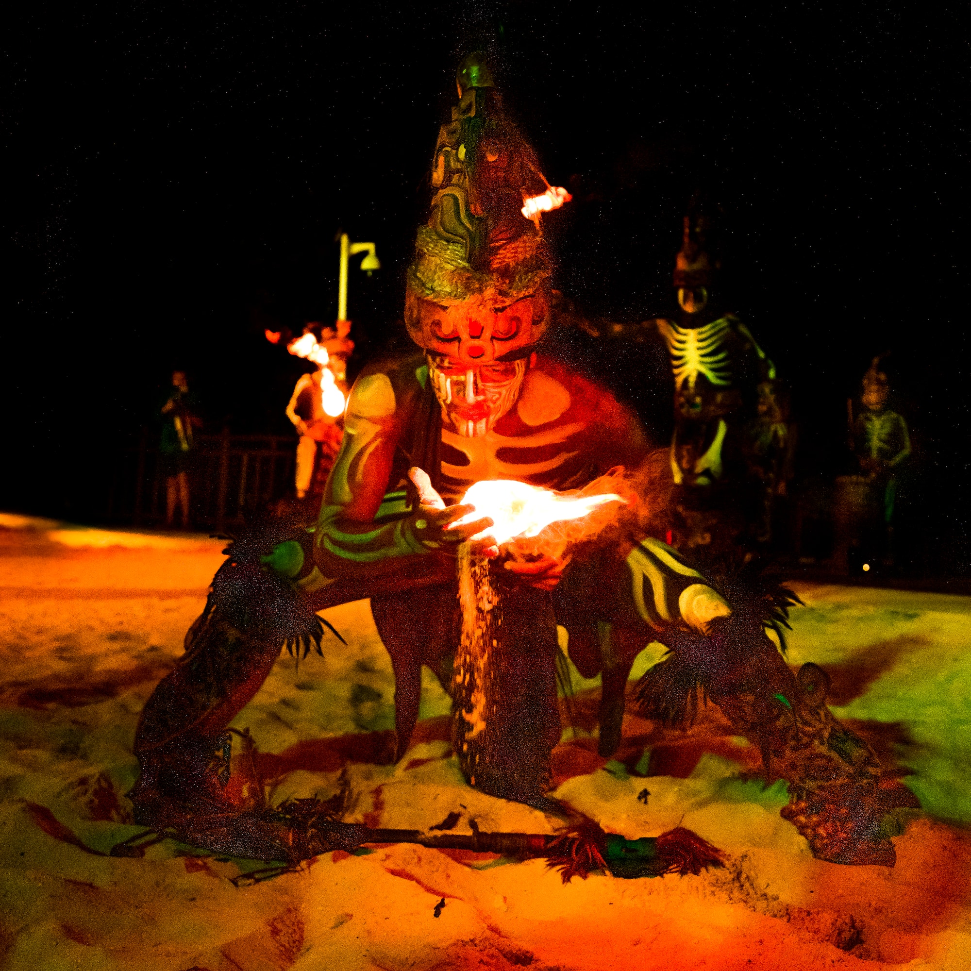 a man in garment with a fire in his hand