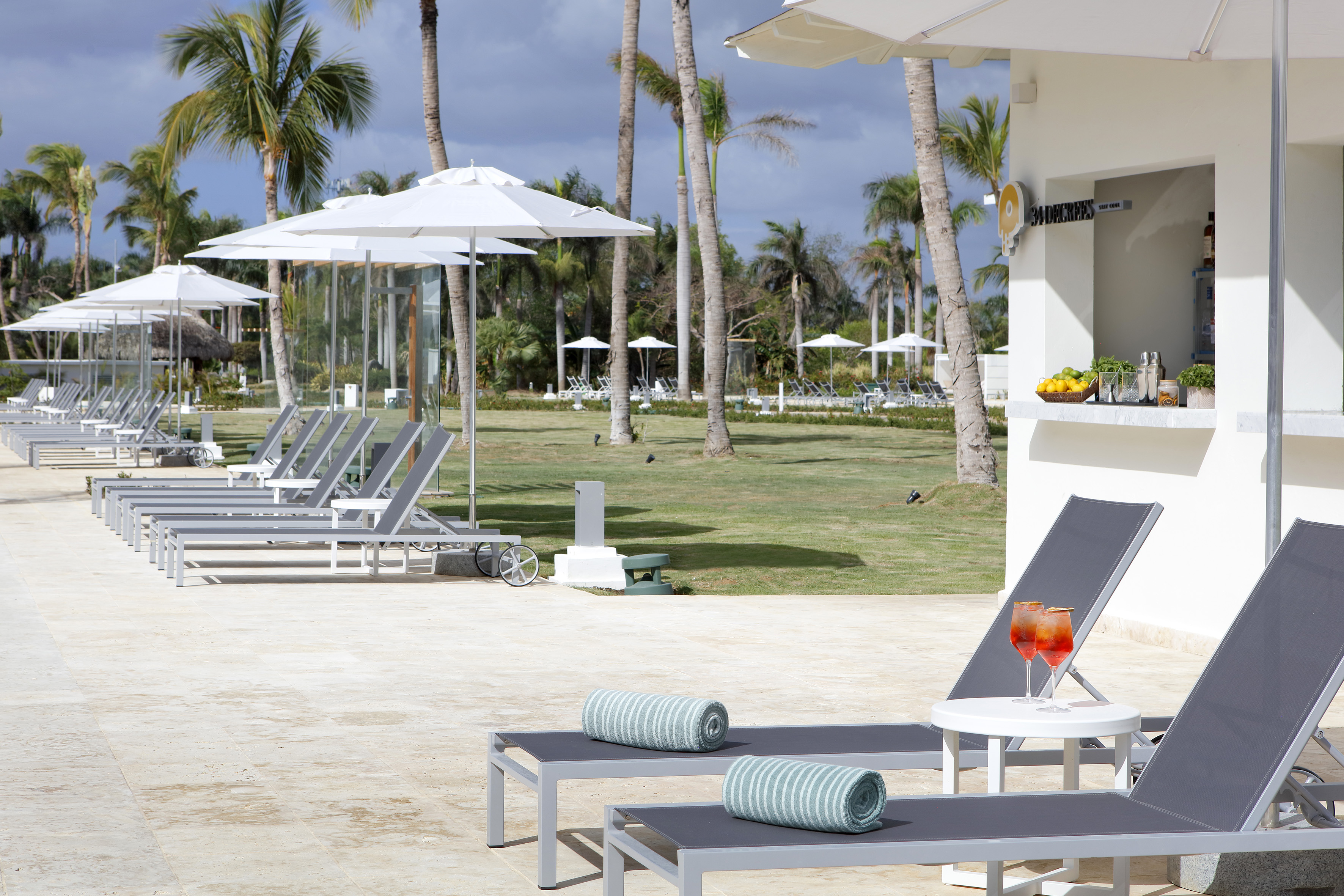 Tropical resort lounge area, palm trees, outdoor bar, sun loungers, cocktails.
