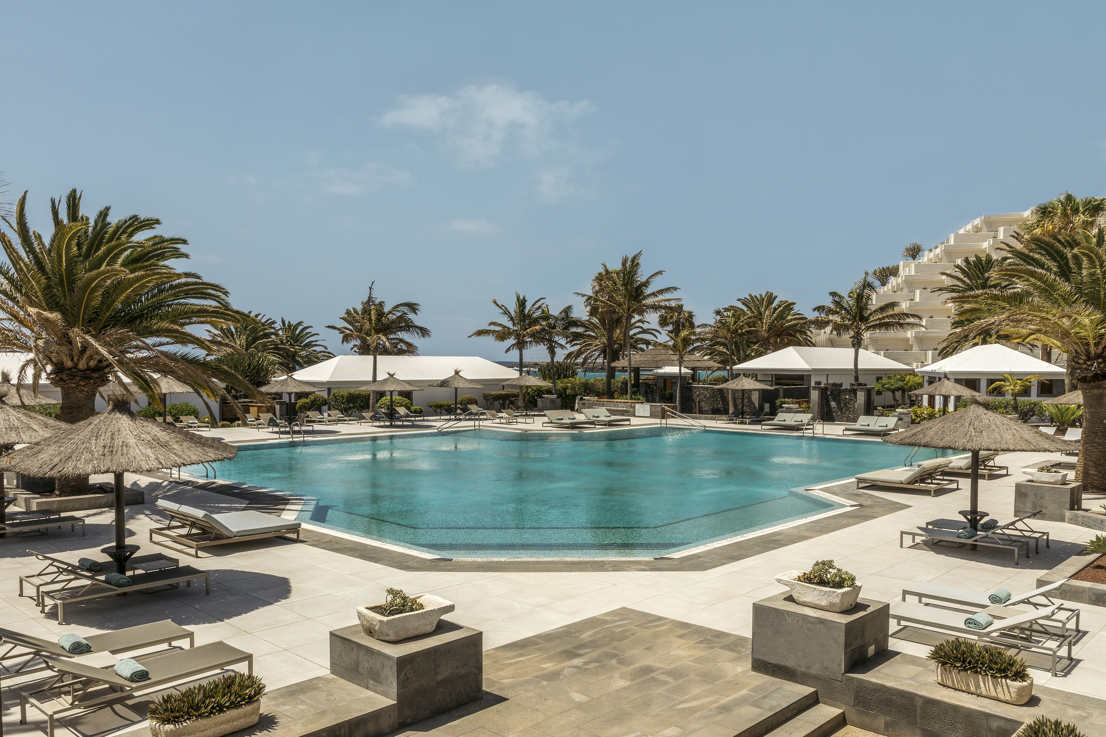 Tropical resort pool with sun loungers, palm trees, and bright blue water.