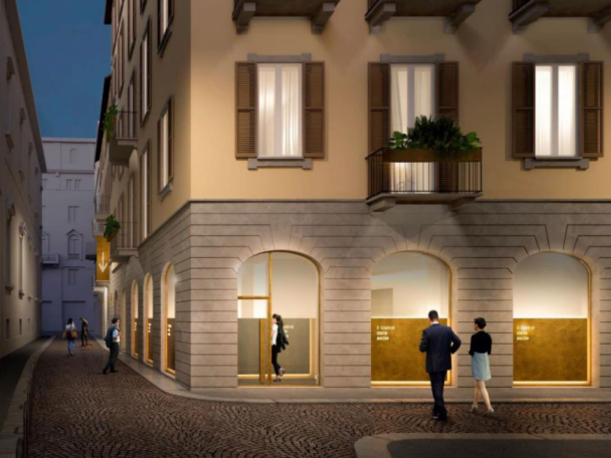 a group of people walking in front of a building