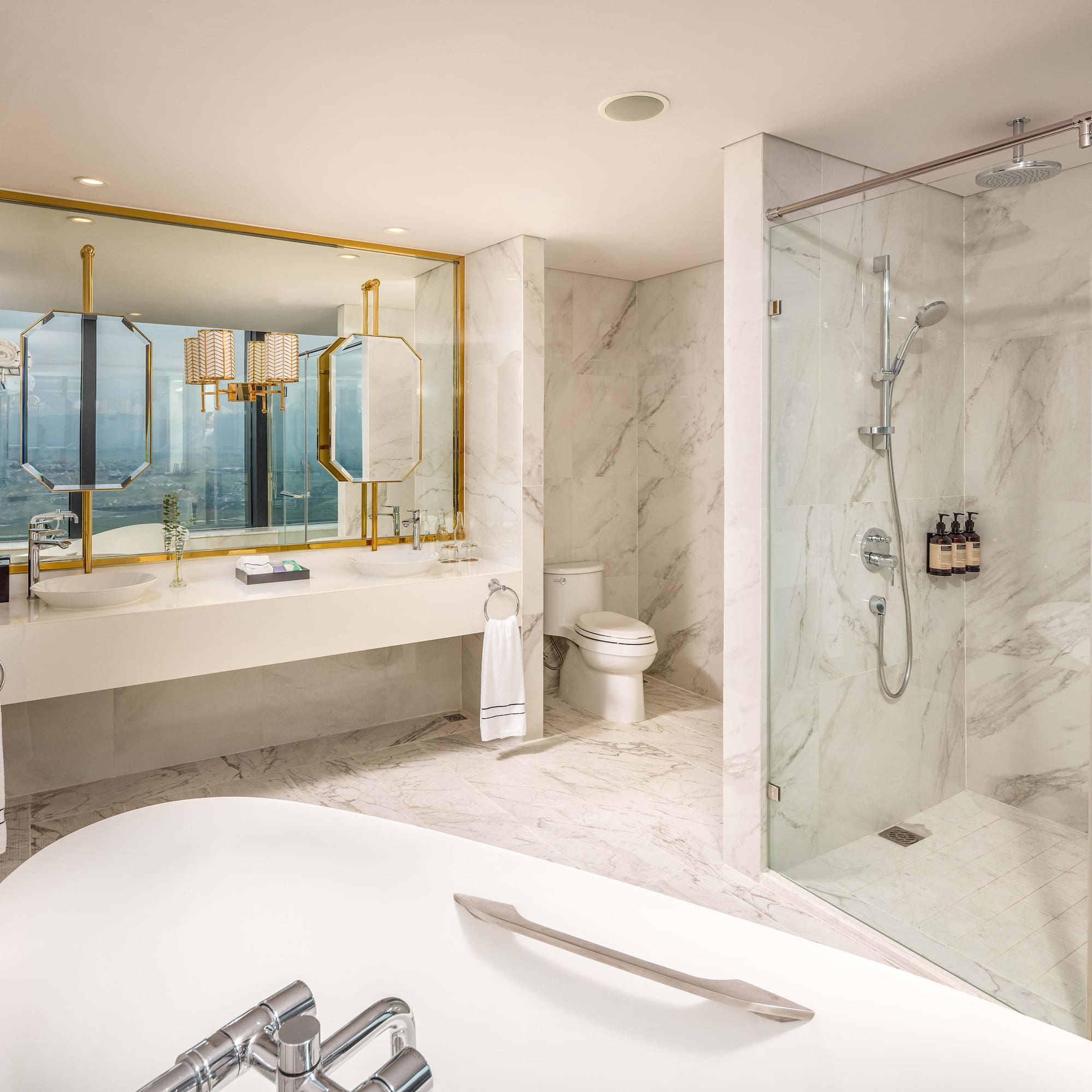 a bathroom with a large window