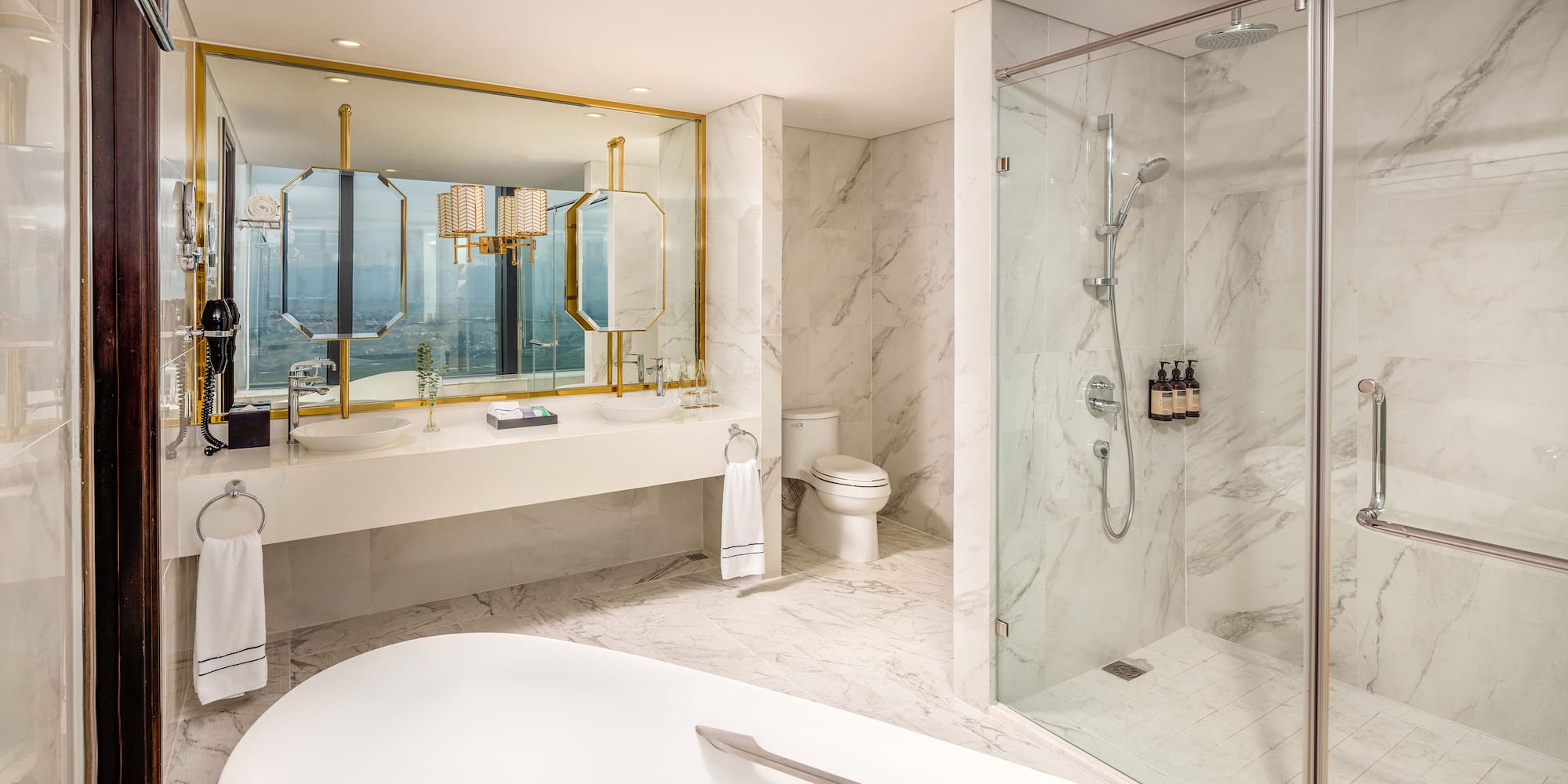 a bathroom with a large window