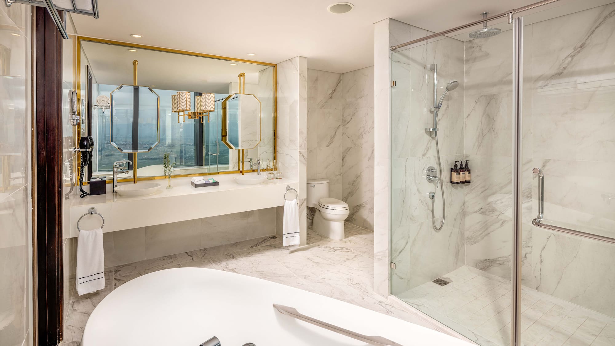 a bathroom with a large window