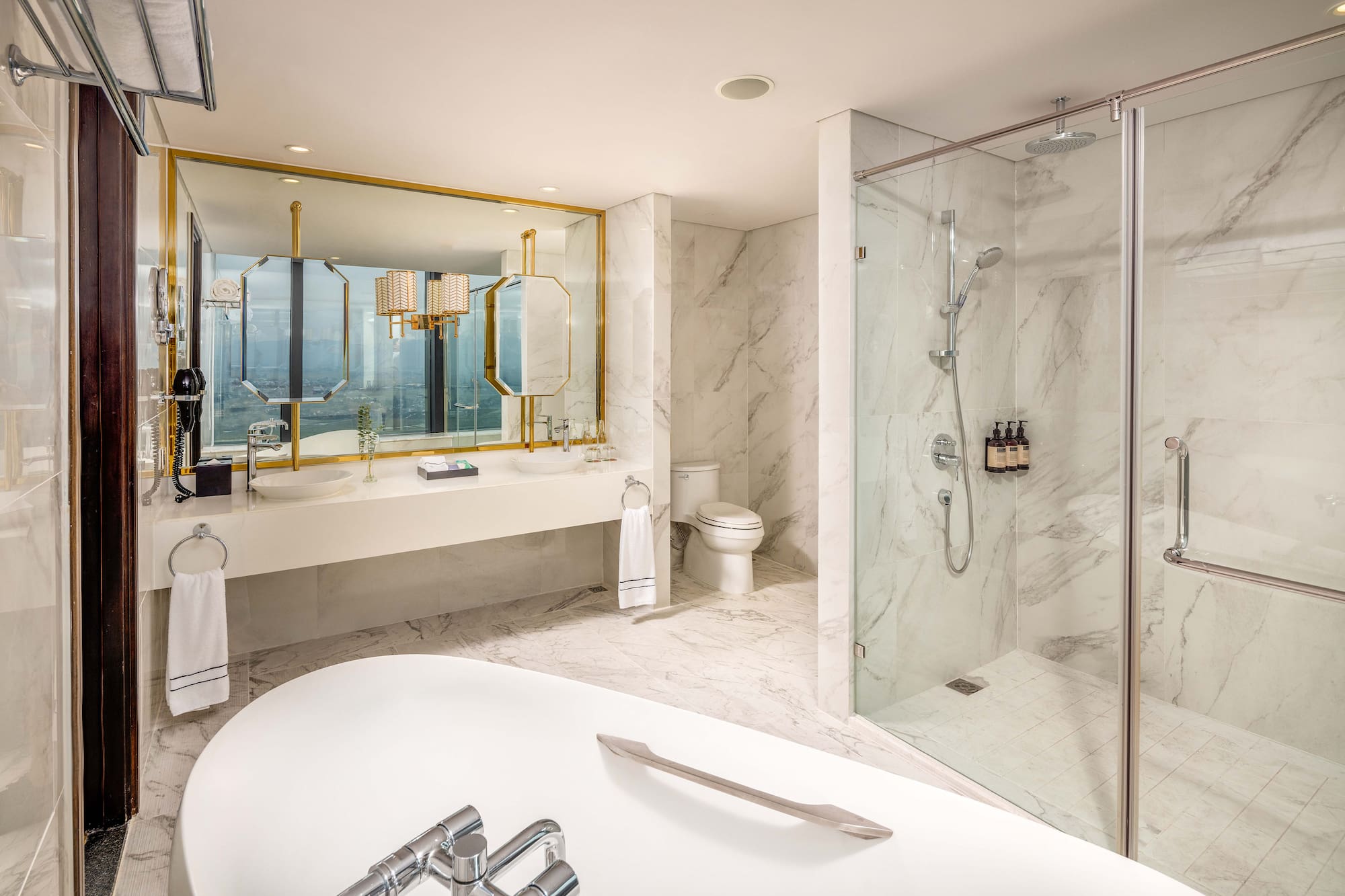 a bathroom with a large window