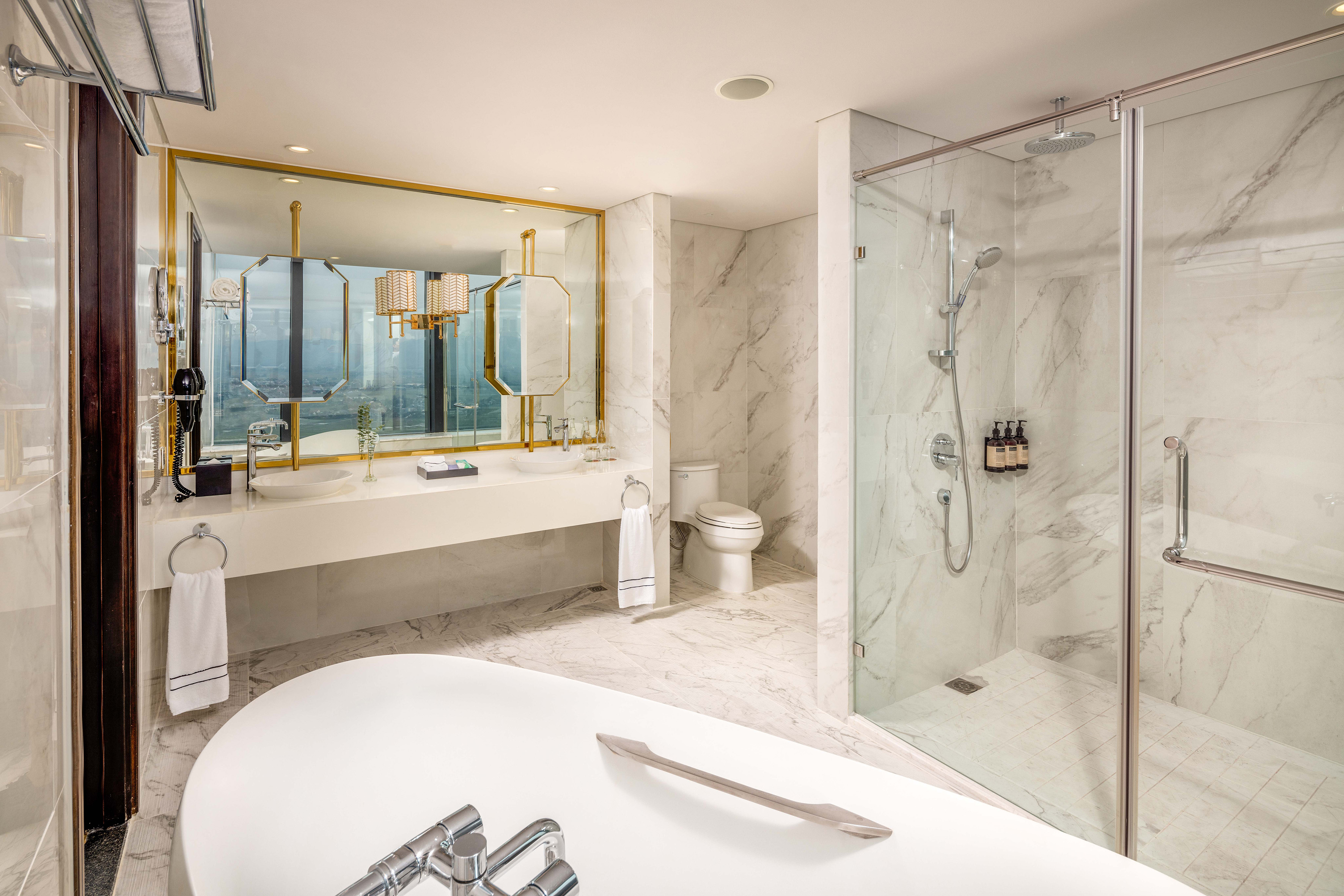 a bathroom with a large window
