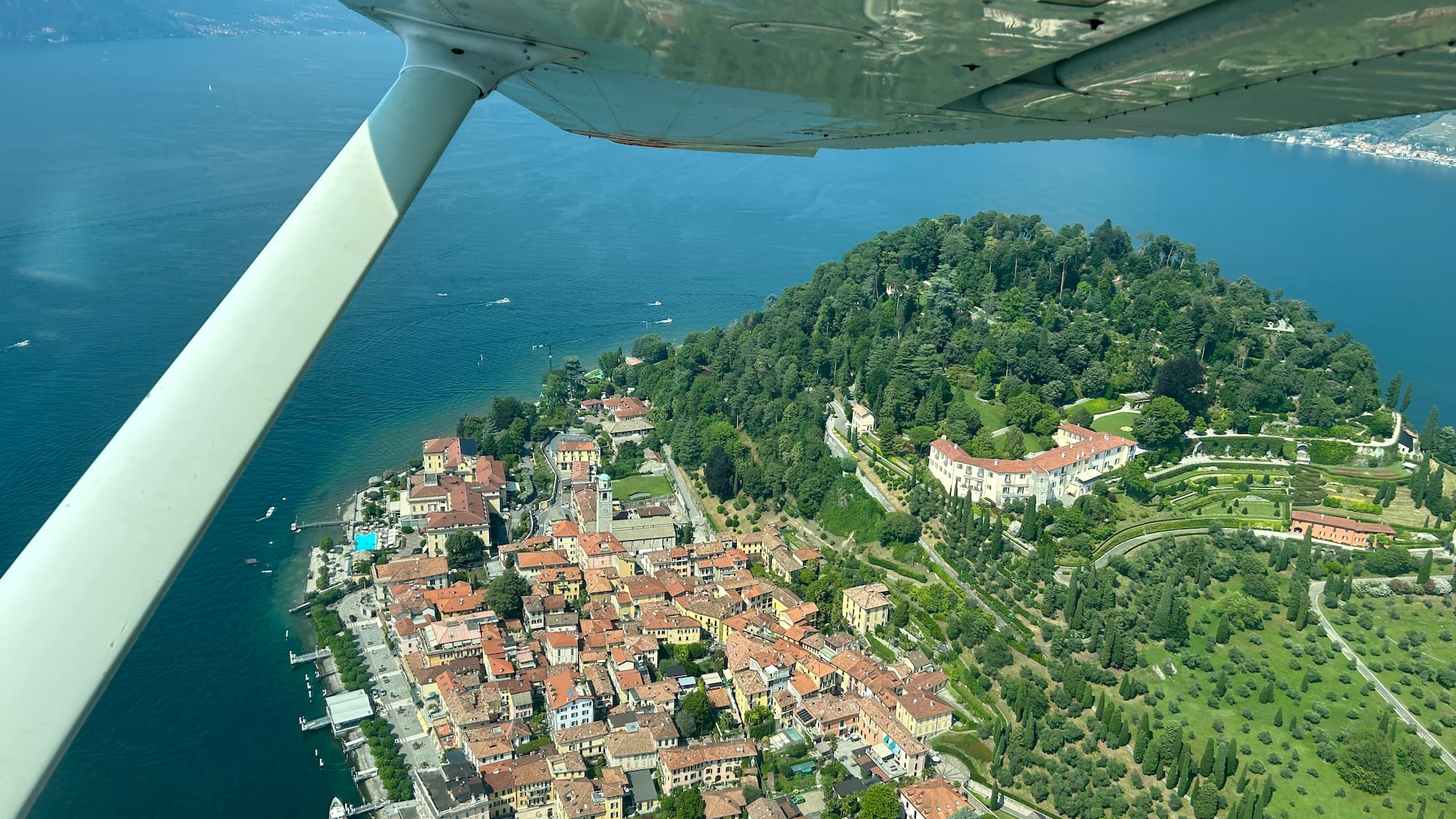 an aerial view of a small town on a small island