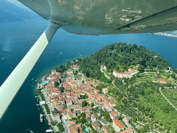 an aerial view of a small town on a small island