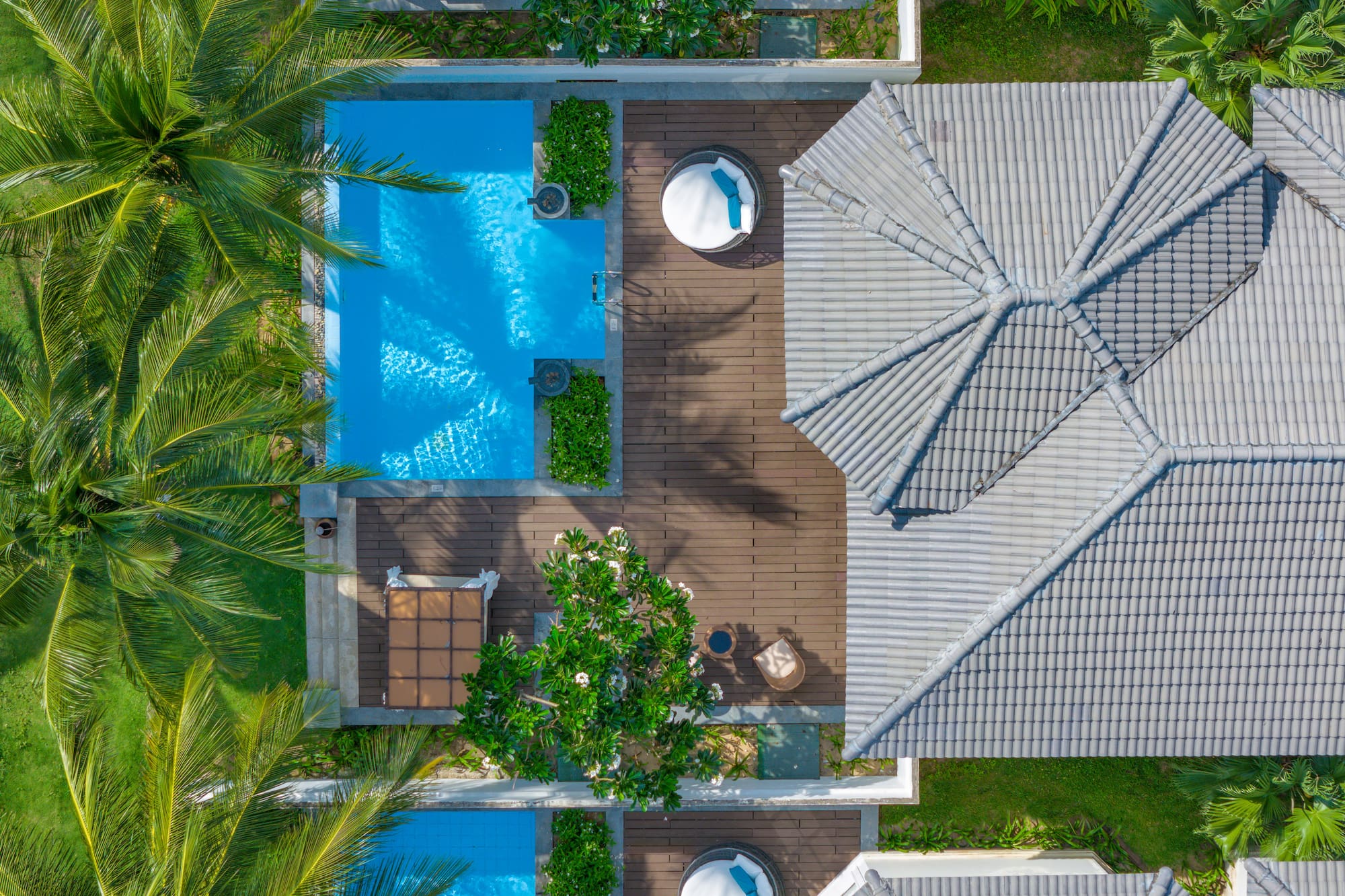 Aerial view of tropical resort with private pools, palm trees, and villa roofs.