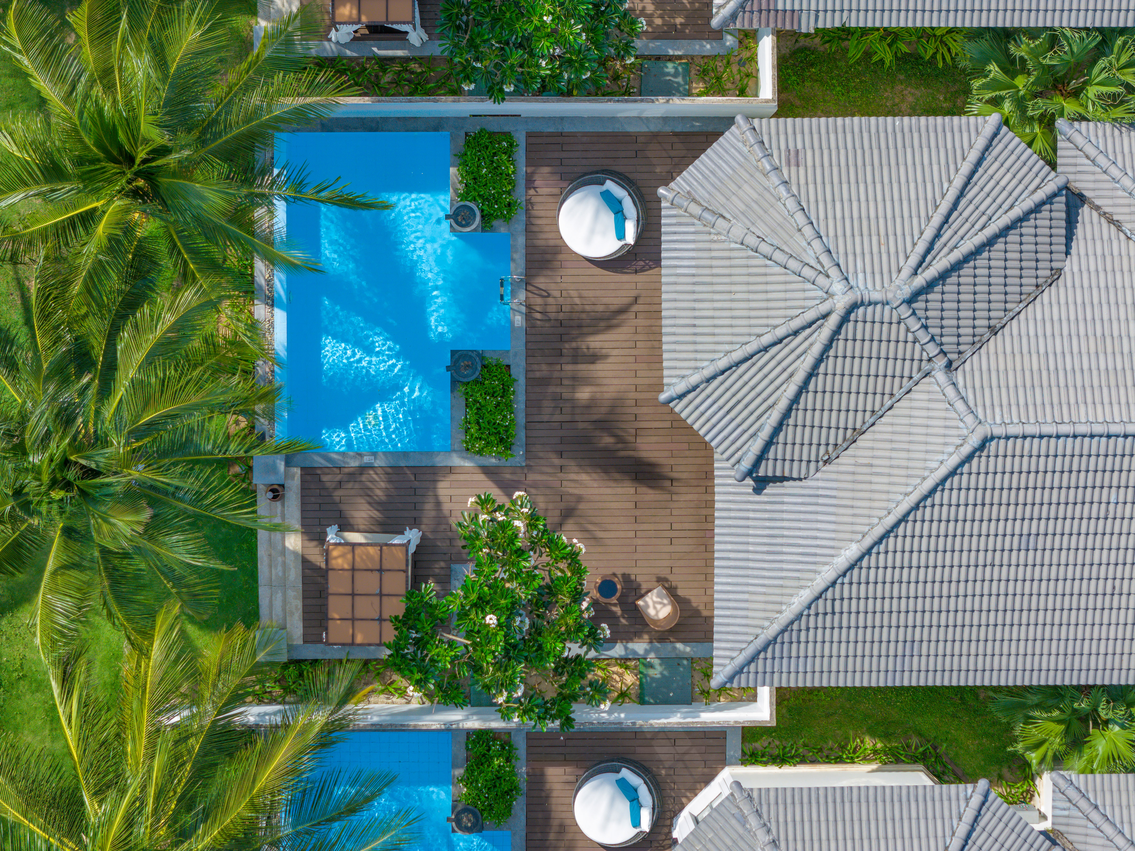 Aerial view of tropical resort with private pools, palm trees, and villa roofs.