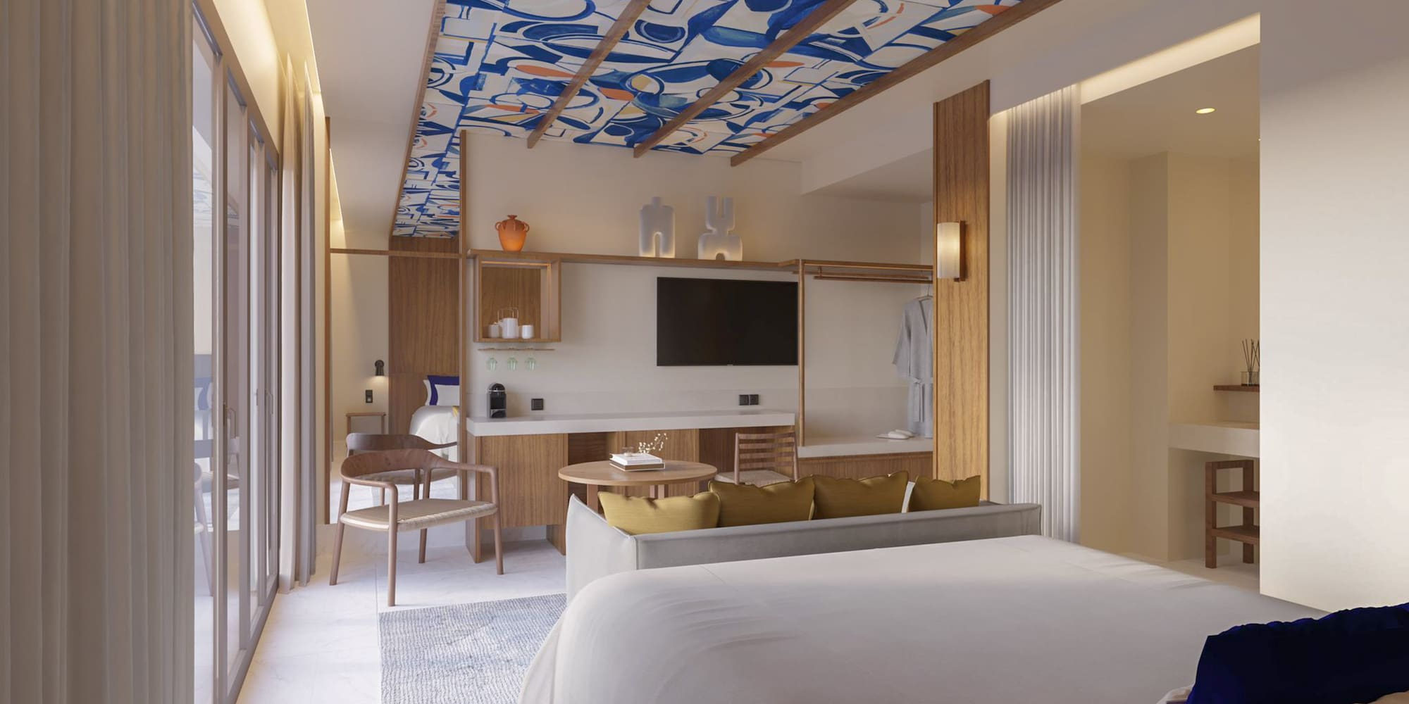 a room with a bed and a tv