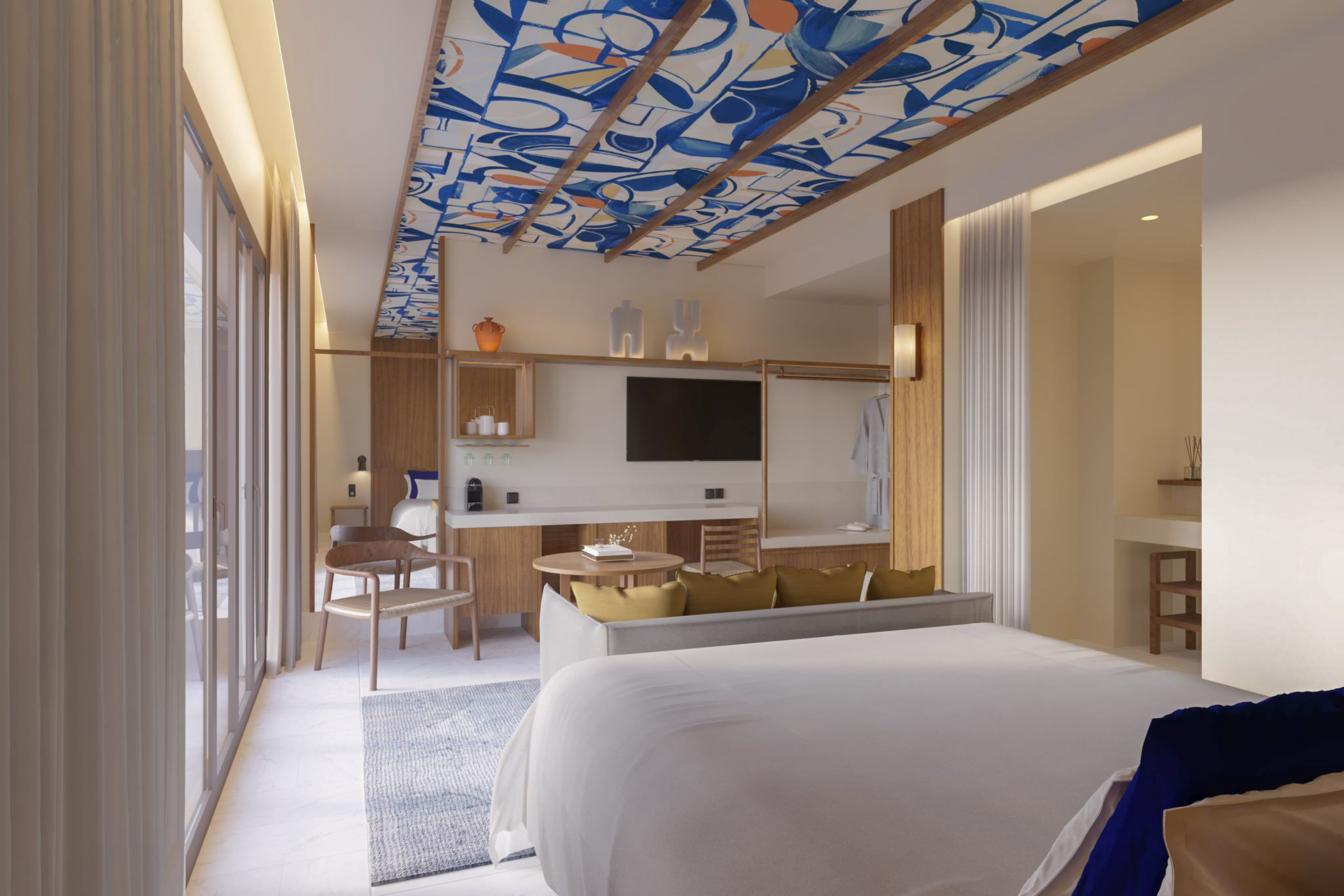 Modern hotel room with abstract blue ceiling art and wooden furniture.