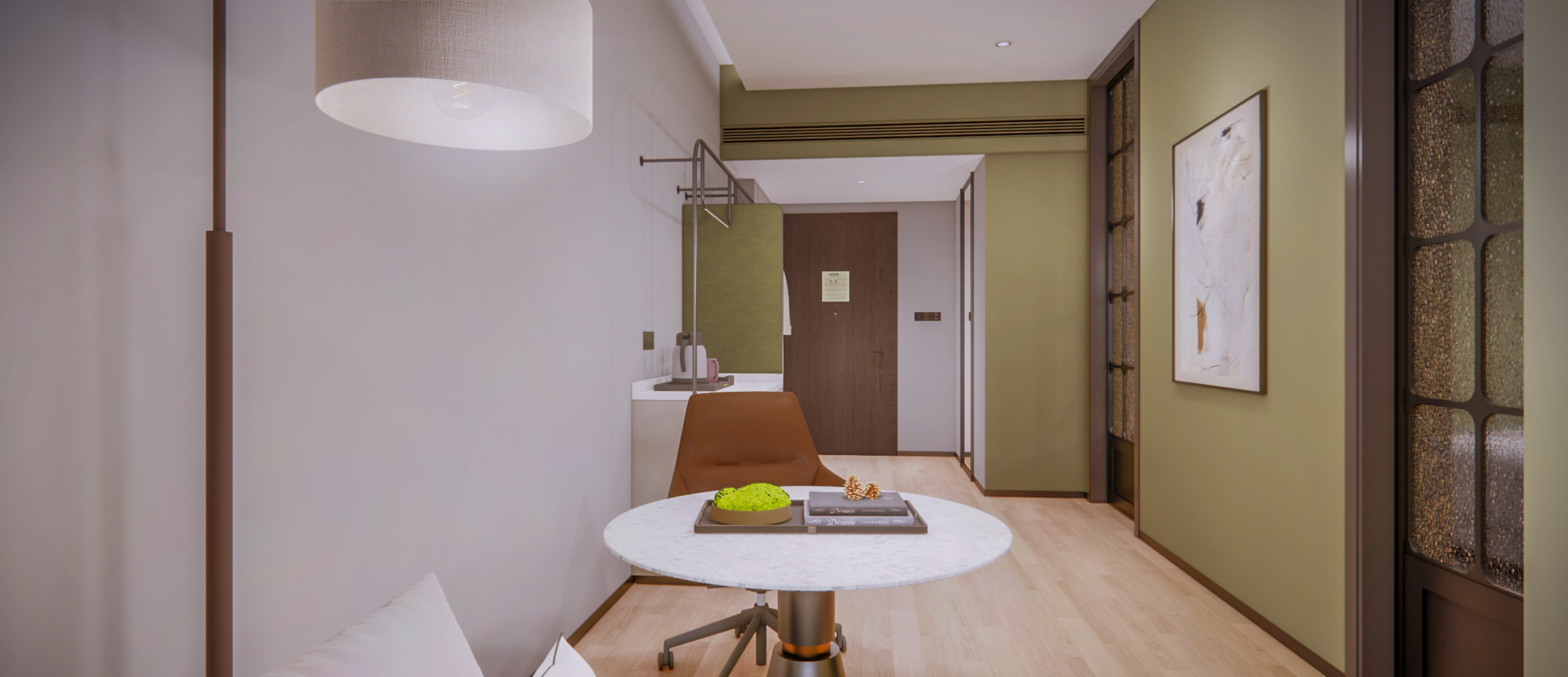 Modern hotel room interior: wood floor, green walls, round table, and brown chair.