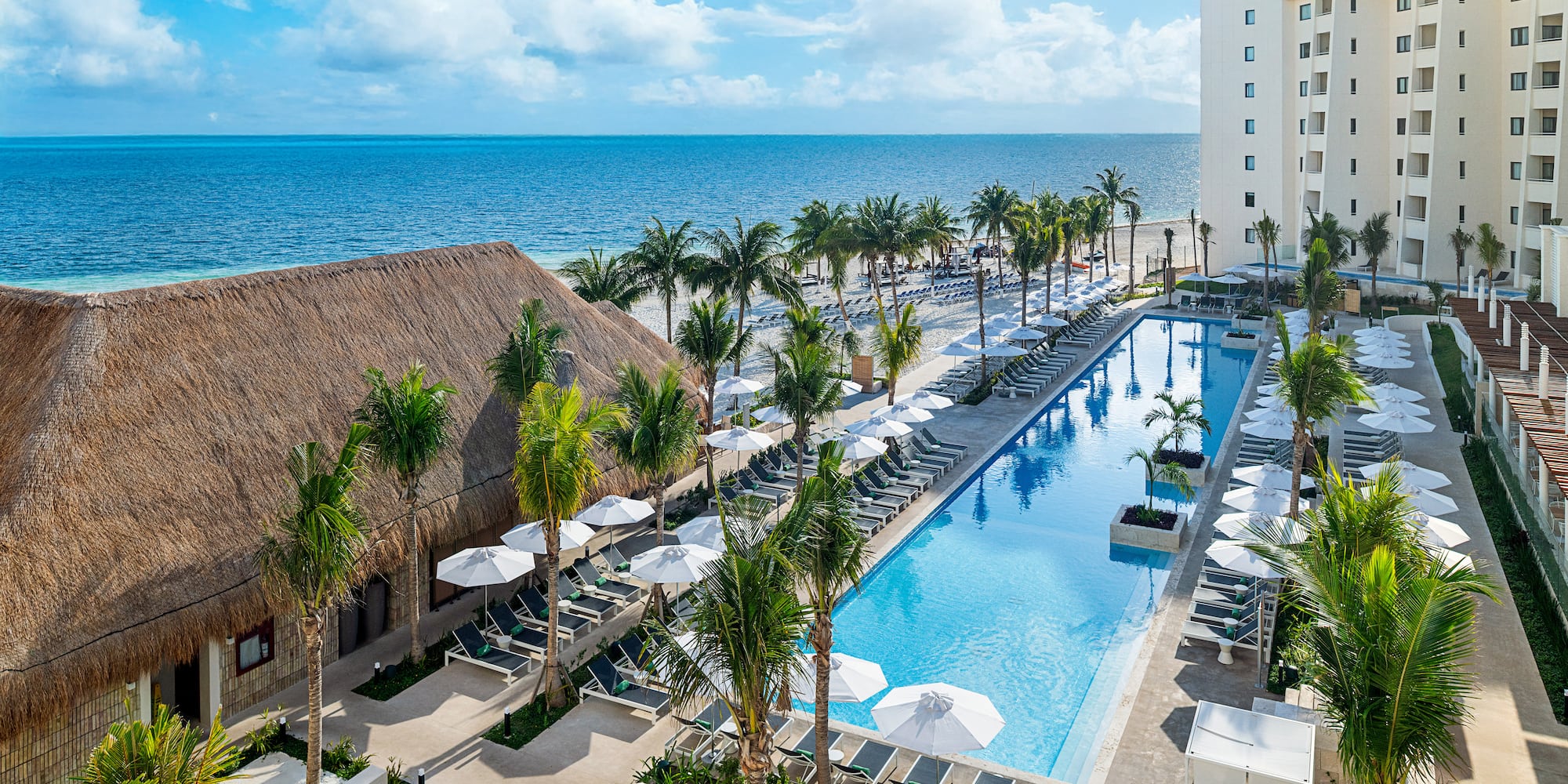 Aerial view of beachfront resort with large pool, palm trees, and ocean.