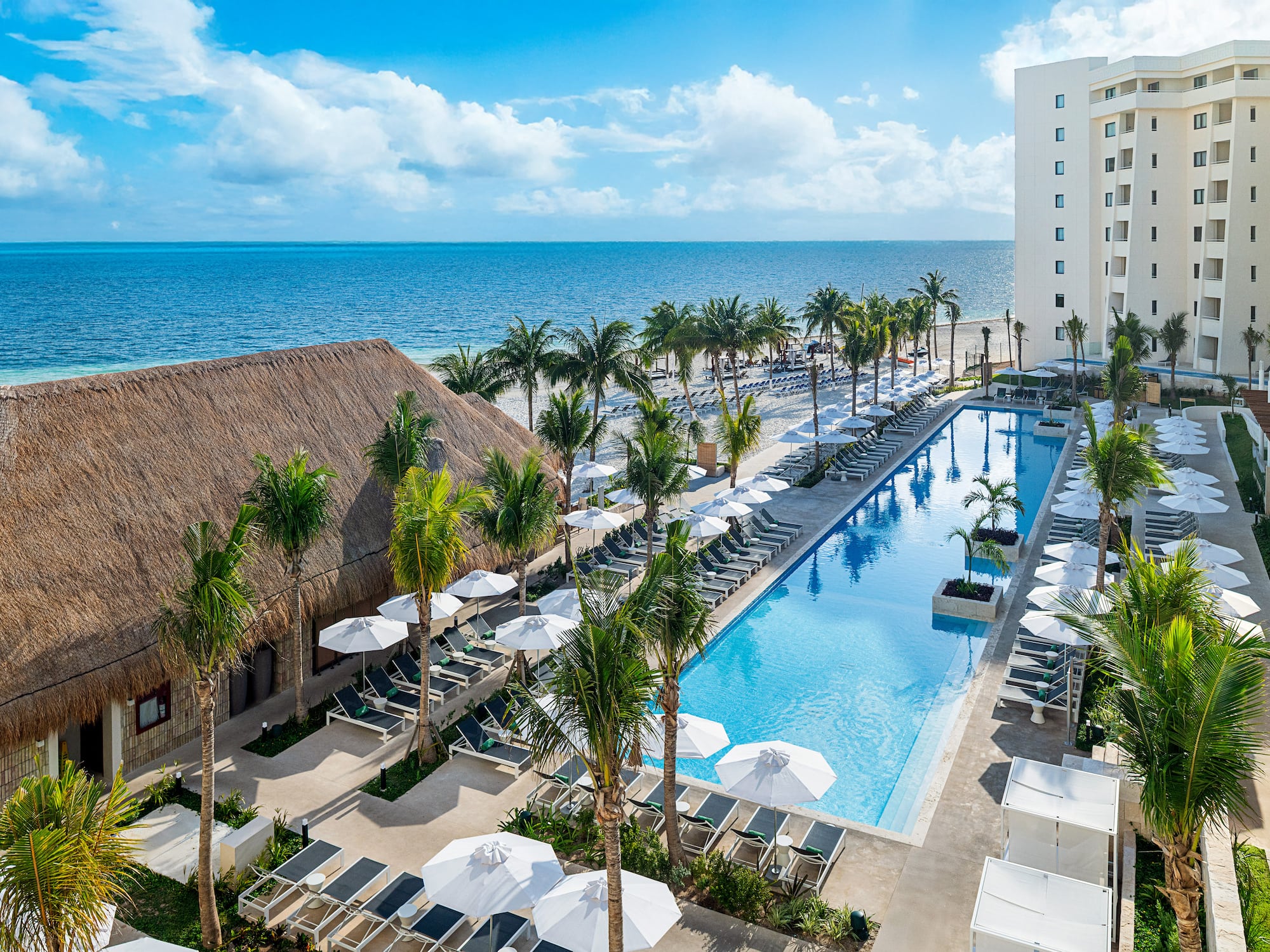 Aerial view of beachfront resort with large pool, palm trees, and ocean.