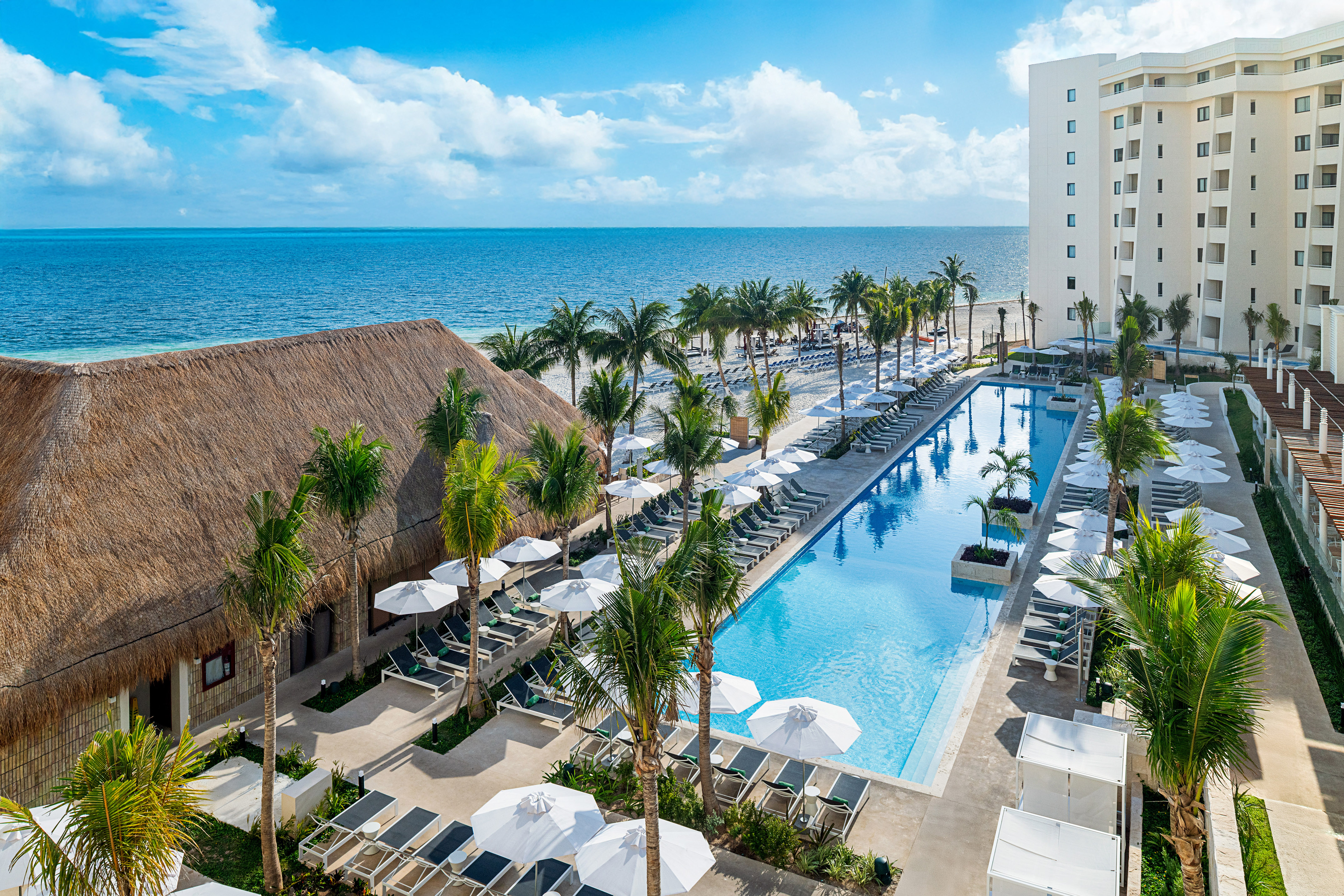 Tropical beachfront resort with large pool, palm trees, and ocean view.
