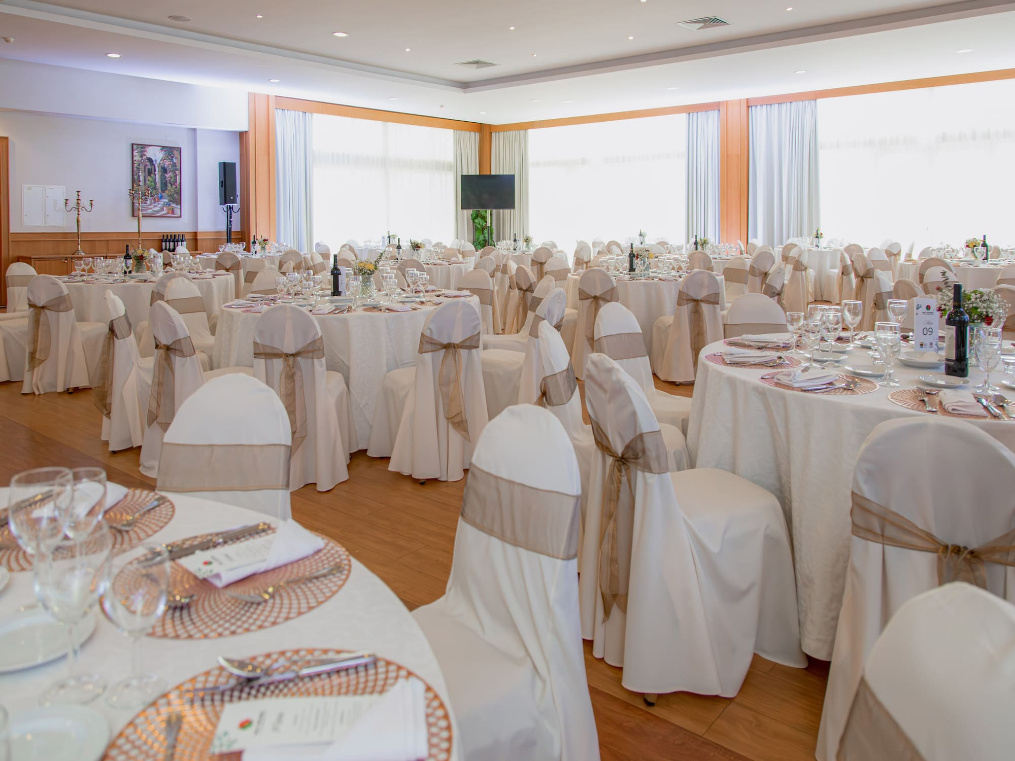 a room with tables and chairs