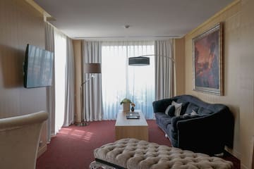 a living room with a couch and a table