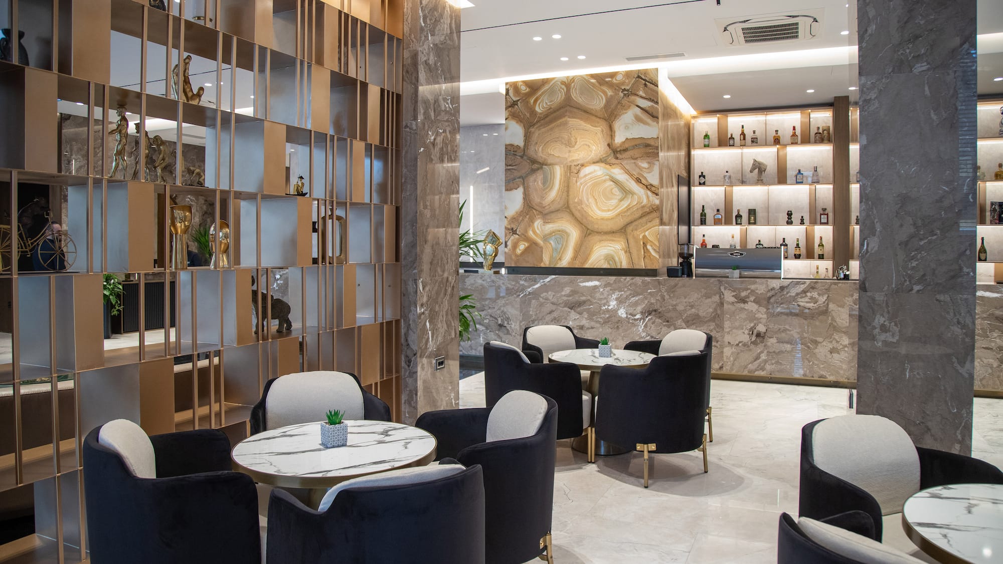 a room with tables and chairs