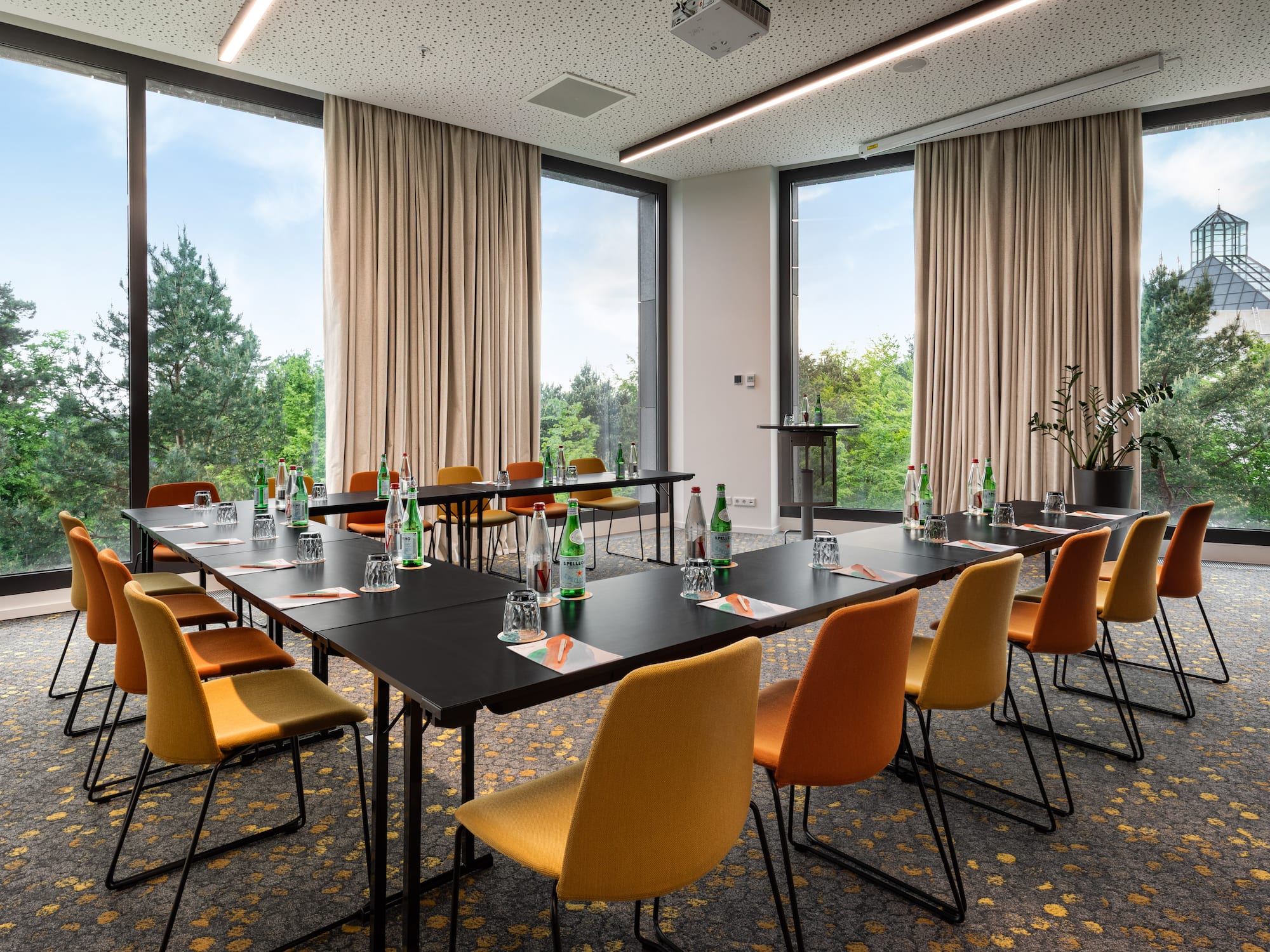 a room with tables and chairs