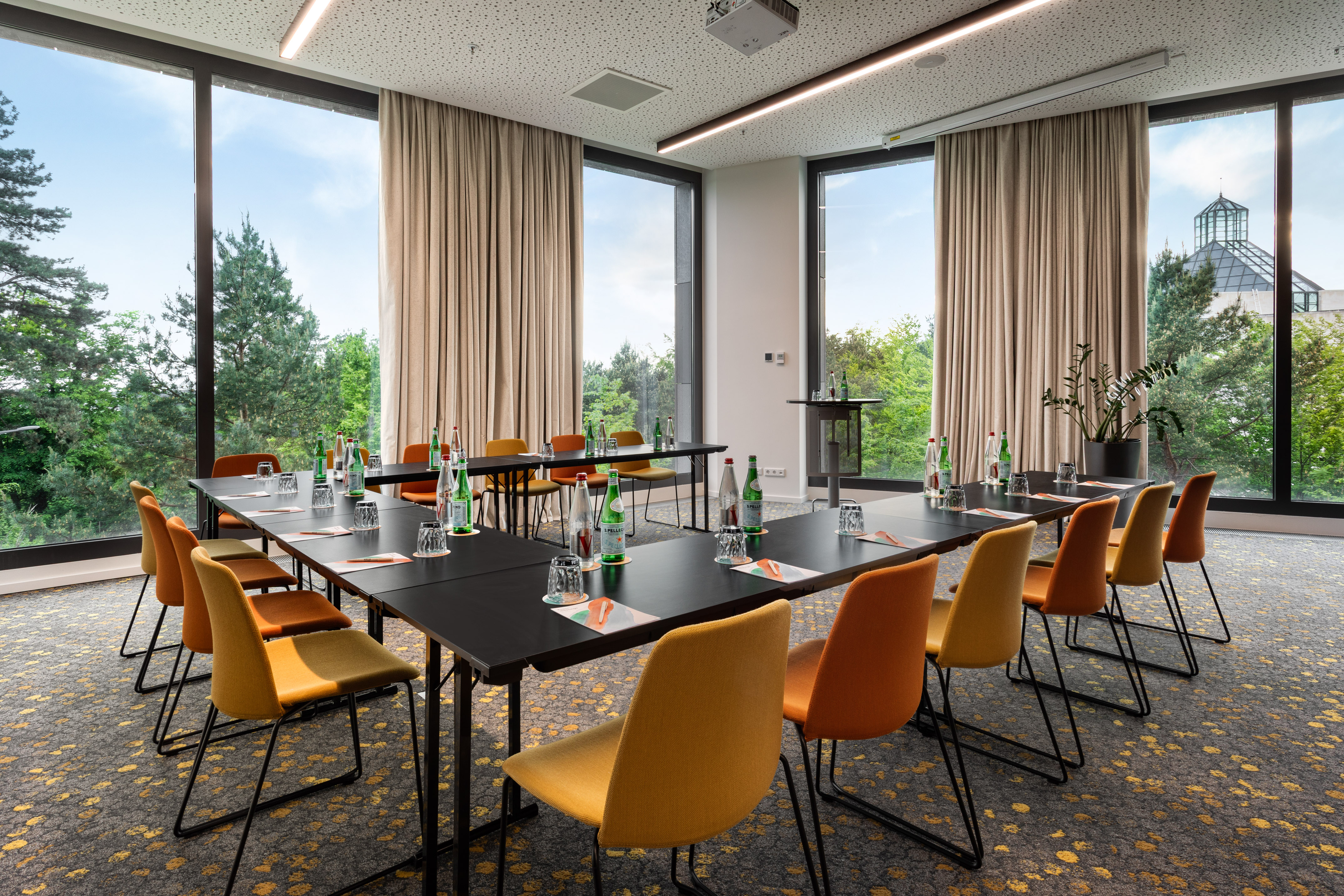 a room with tables and chairs