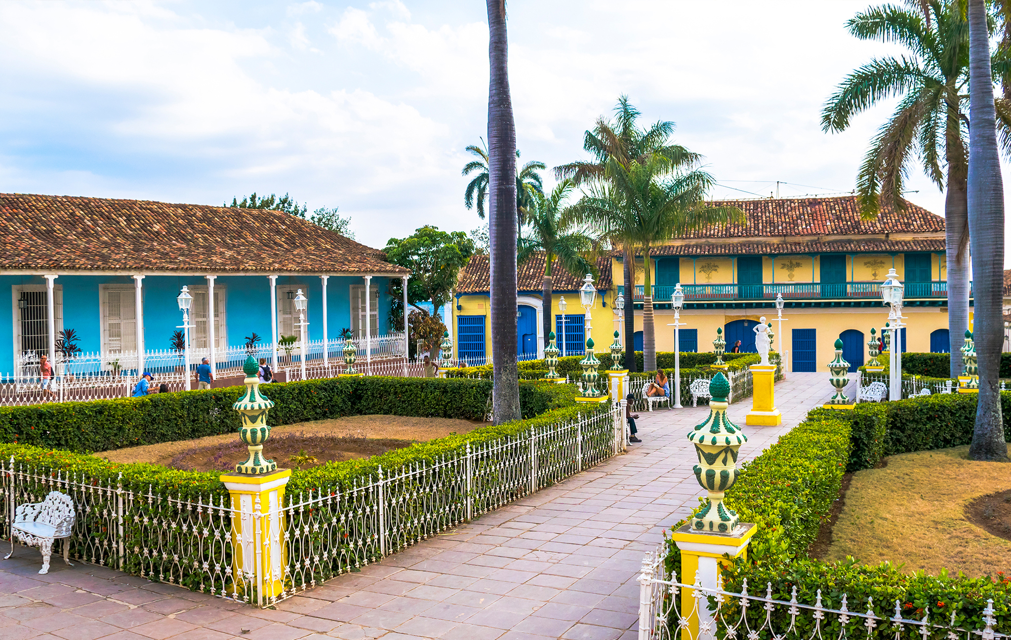 a walkway with bushes and trees in front of a building