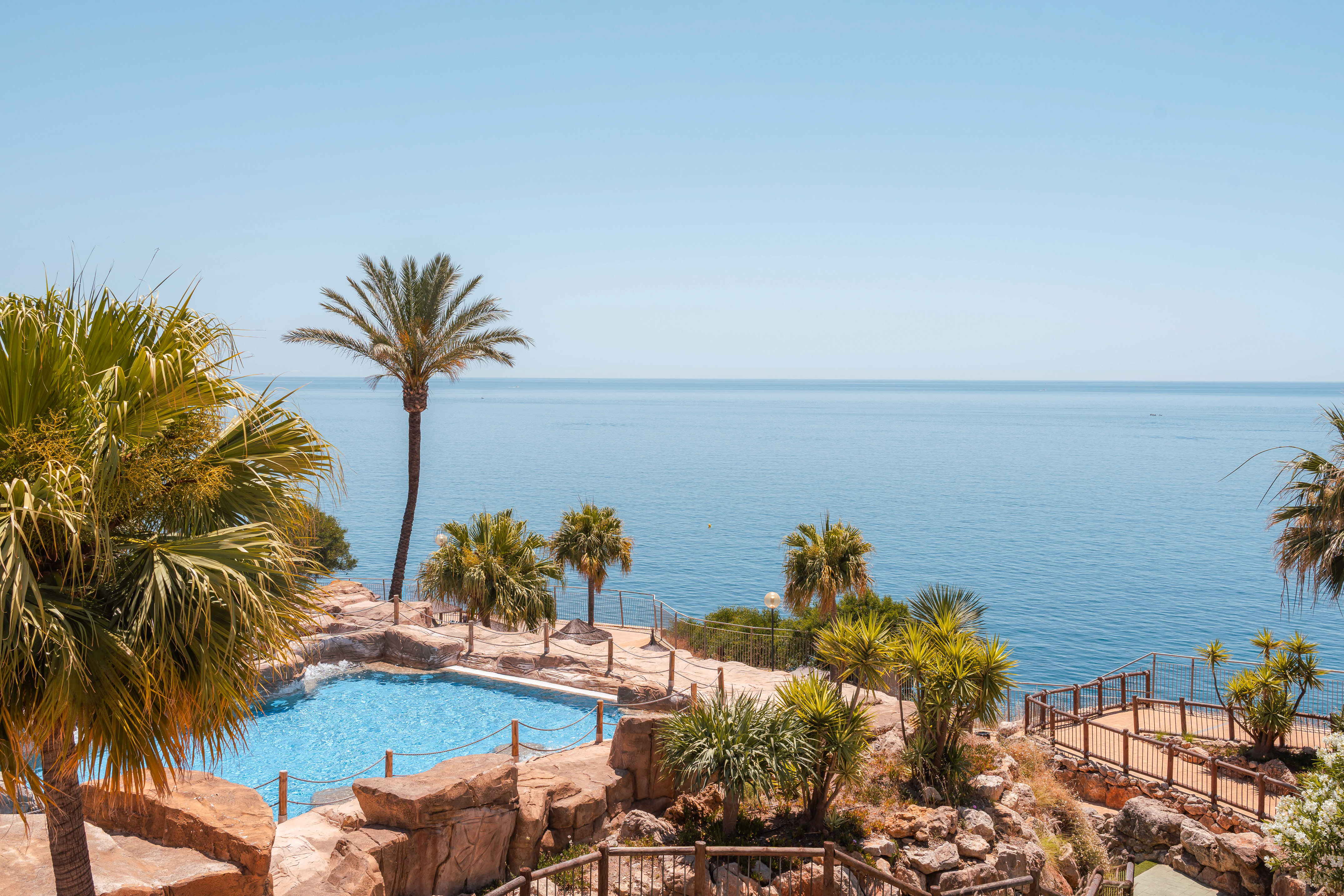Tropical resort pool with ocean view, surrounded by palm trees and rocks.