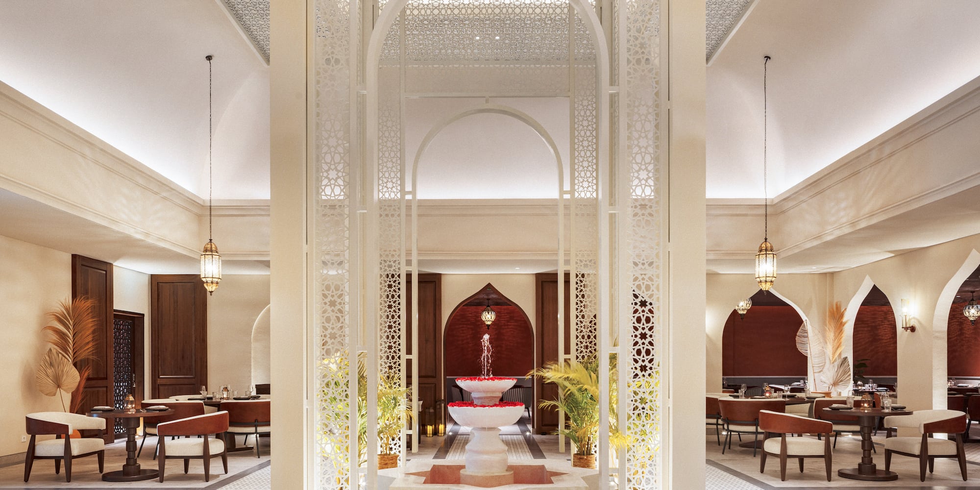 a room with a fountain and tables