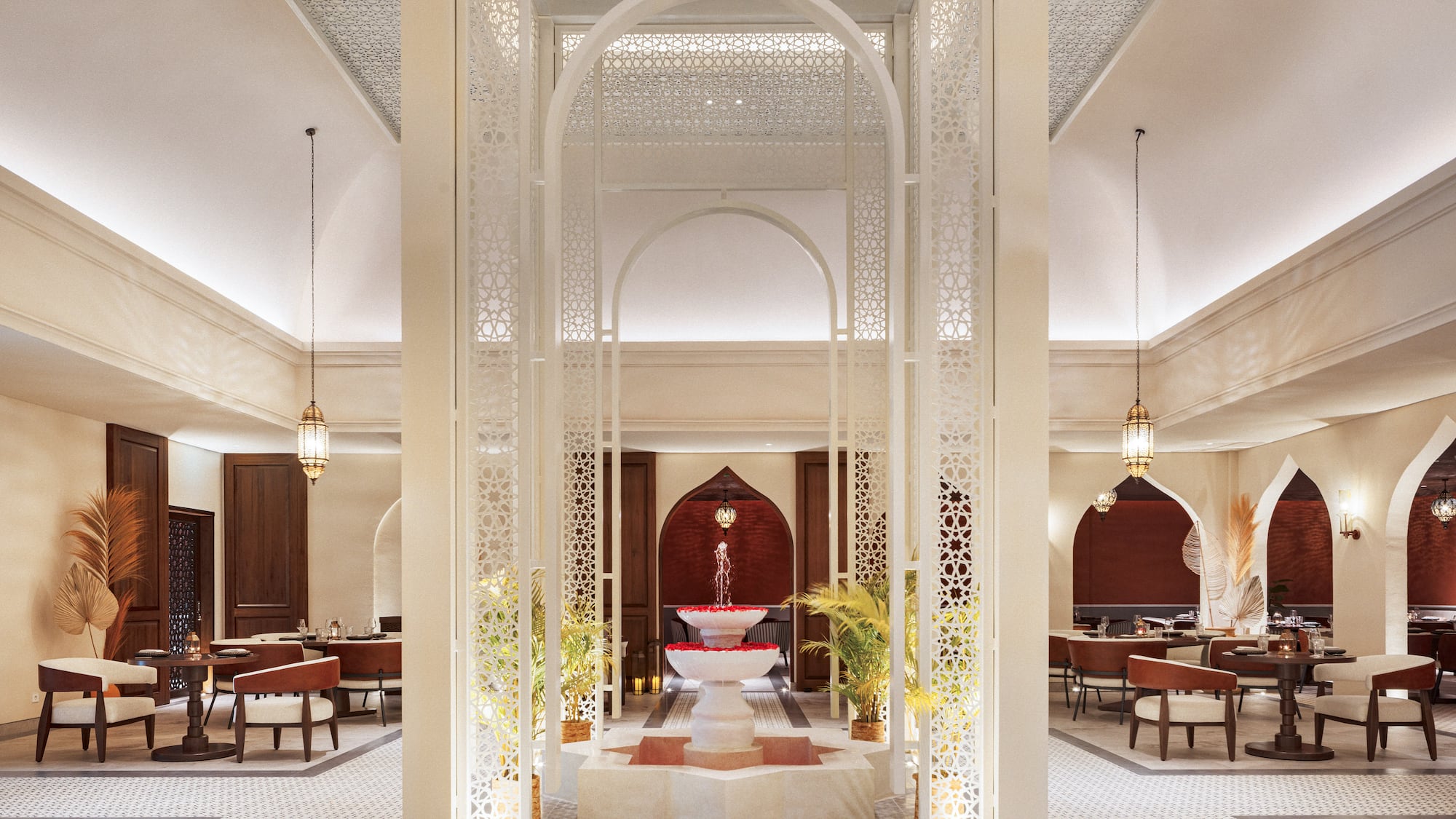 a room with a fountain and tables